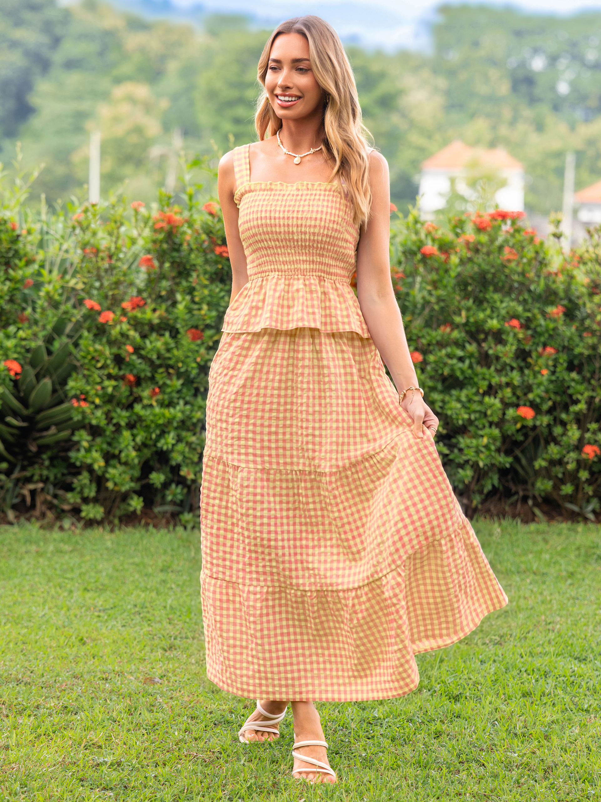 Gingham Smocked Tank Top and Maxi Skirt Set