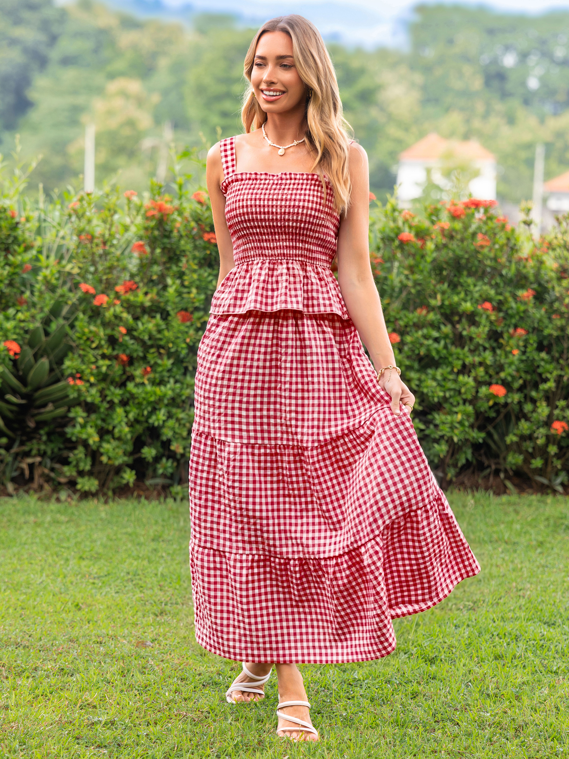 Gingham Smocked Tank Top and Maxi Skirt Set