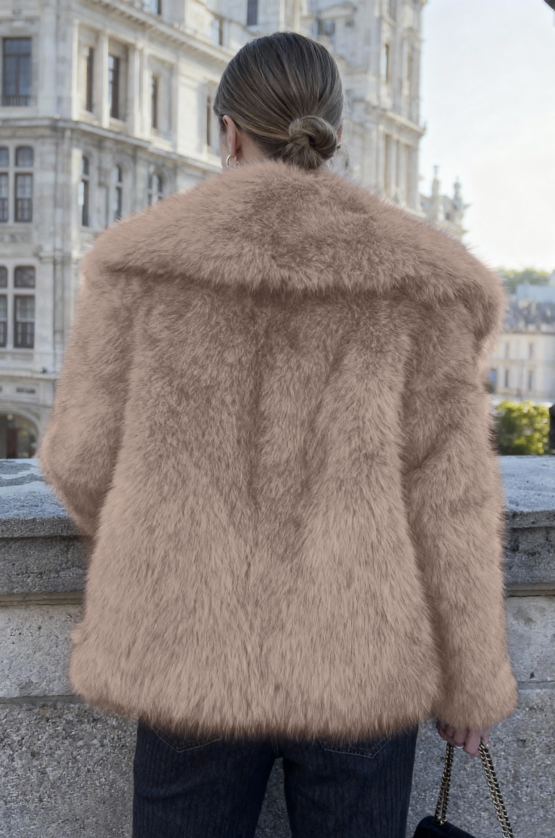 Luxurious Faux Fur Short Coat with Shawl Collar - Khaki