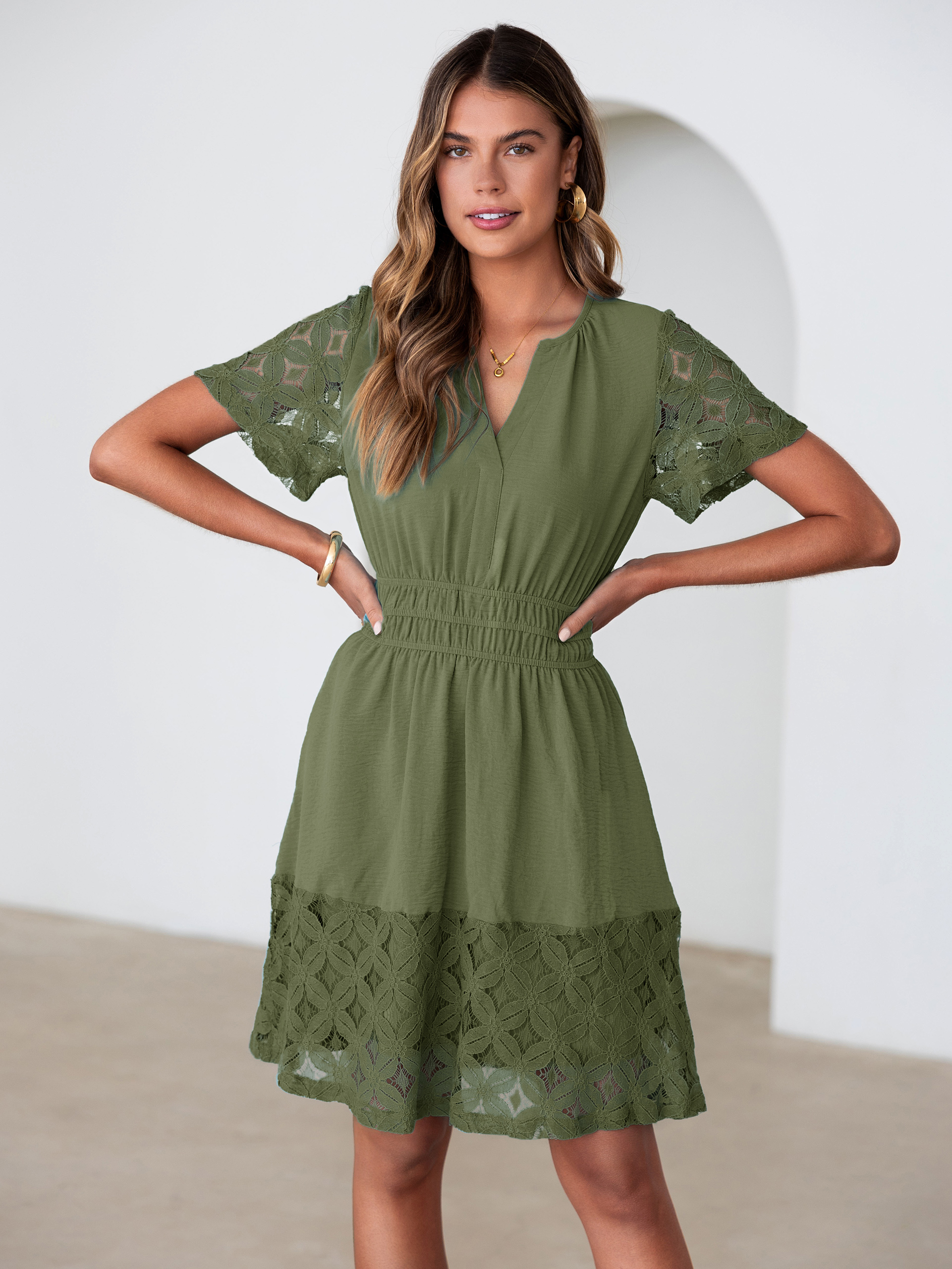 V Neck Crochet Lace Smocked Waist Mini Dress