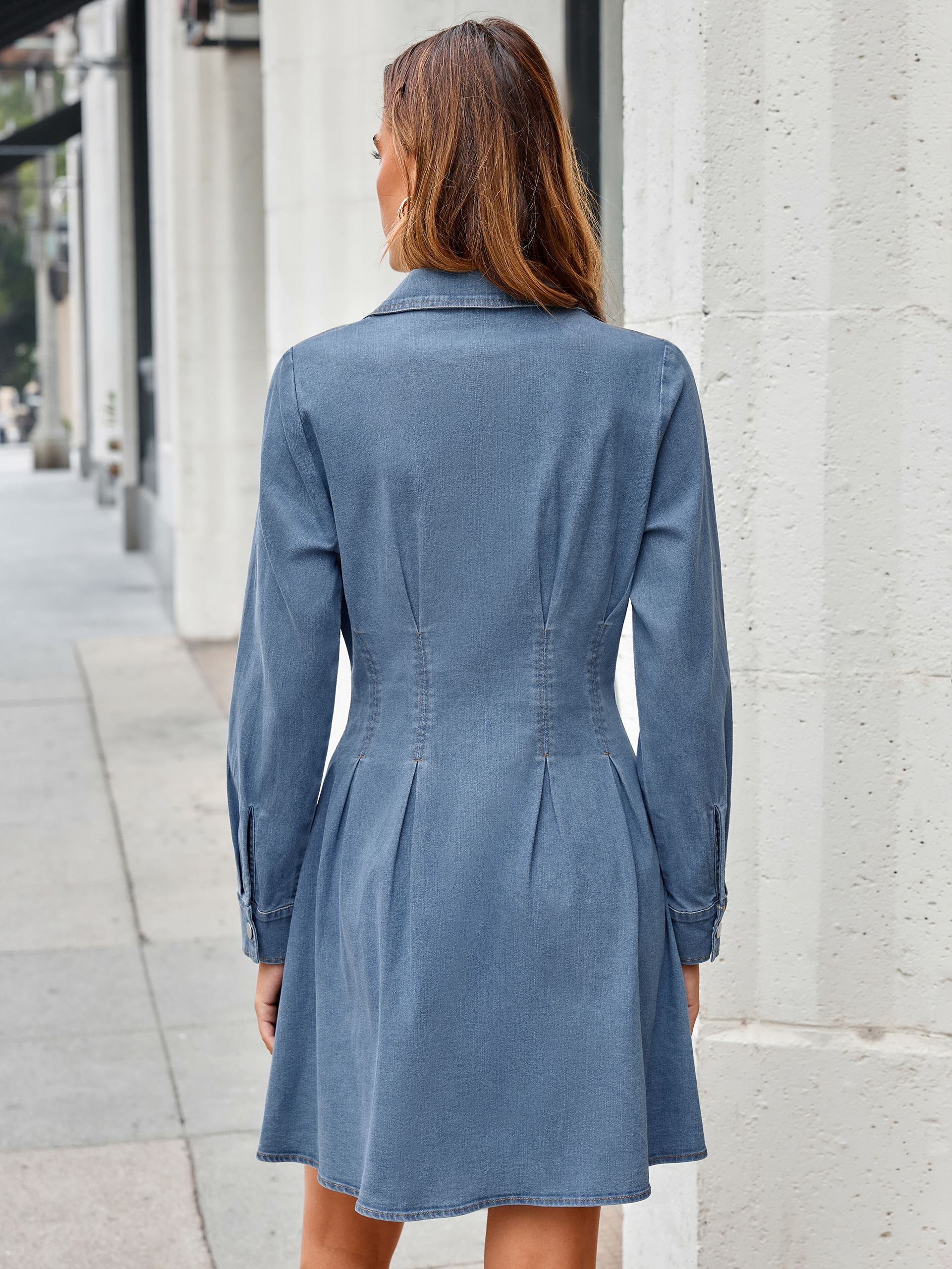 Button Front Stretch Denim Mini Shirt Dress