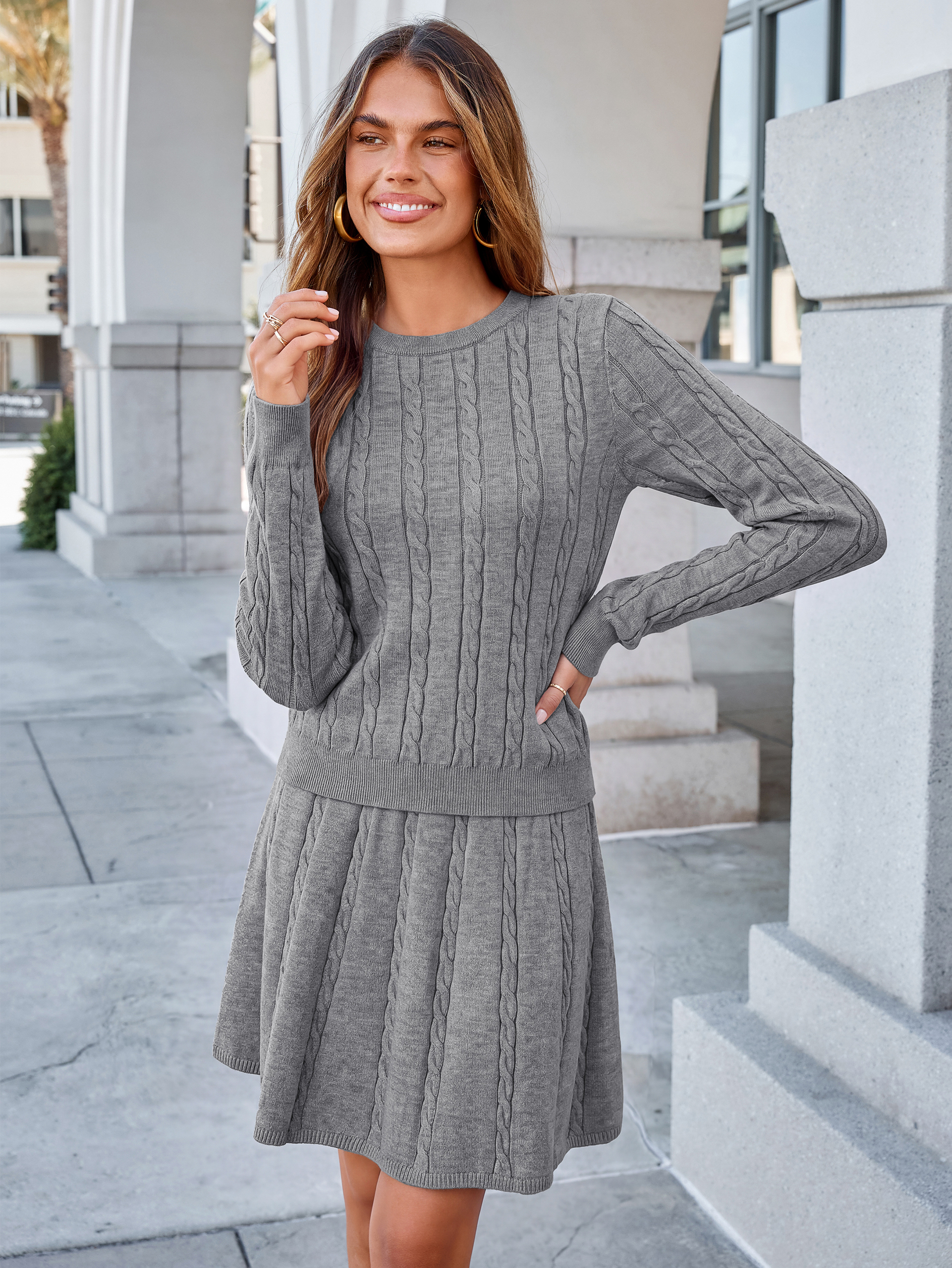 Cable Knit Long Sleeve Sweater Pleated Mini Skirt Set