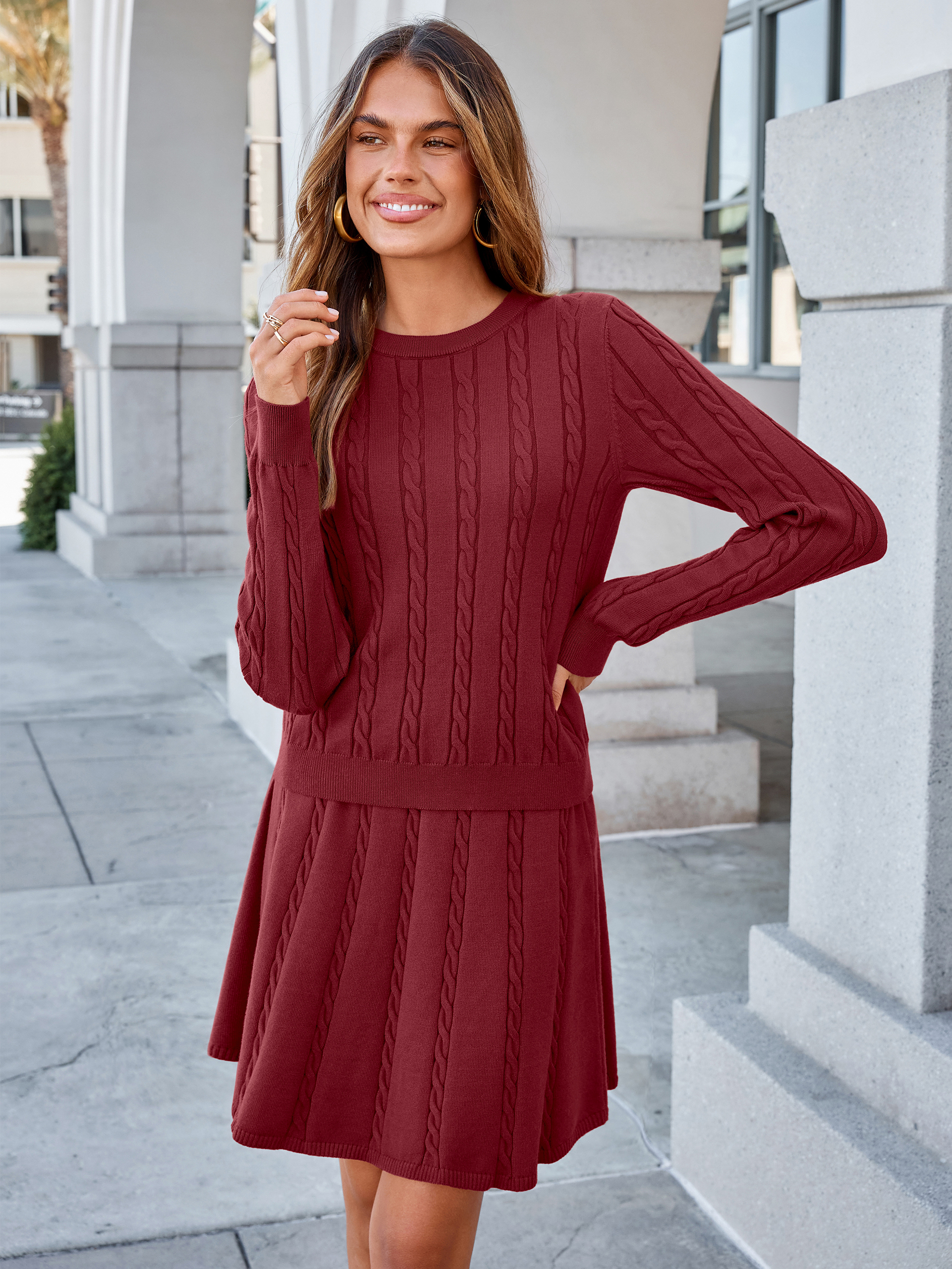 Cable Knit Long Sleeve Sweater Pleated Mini Skirt Set