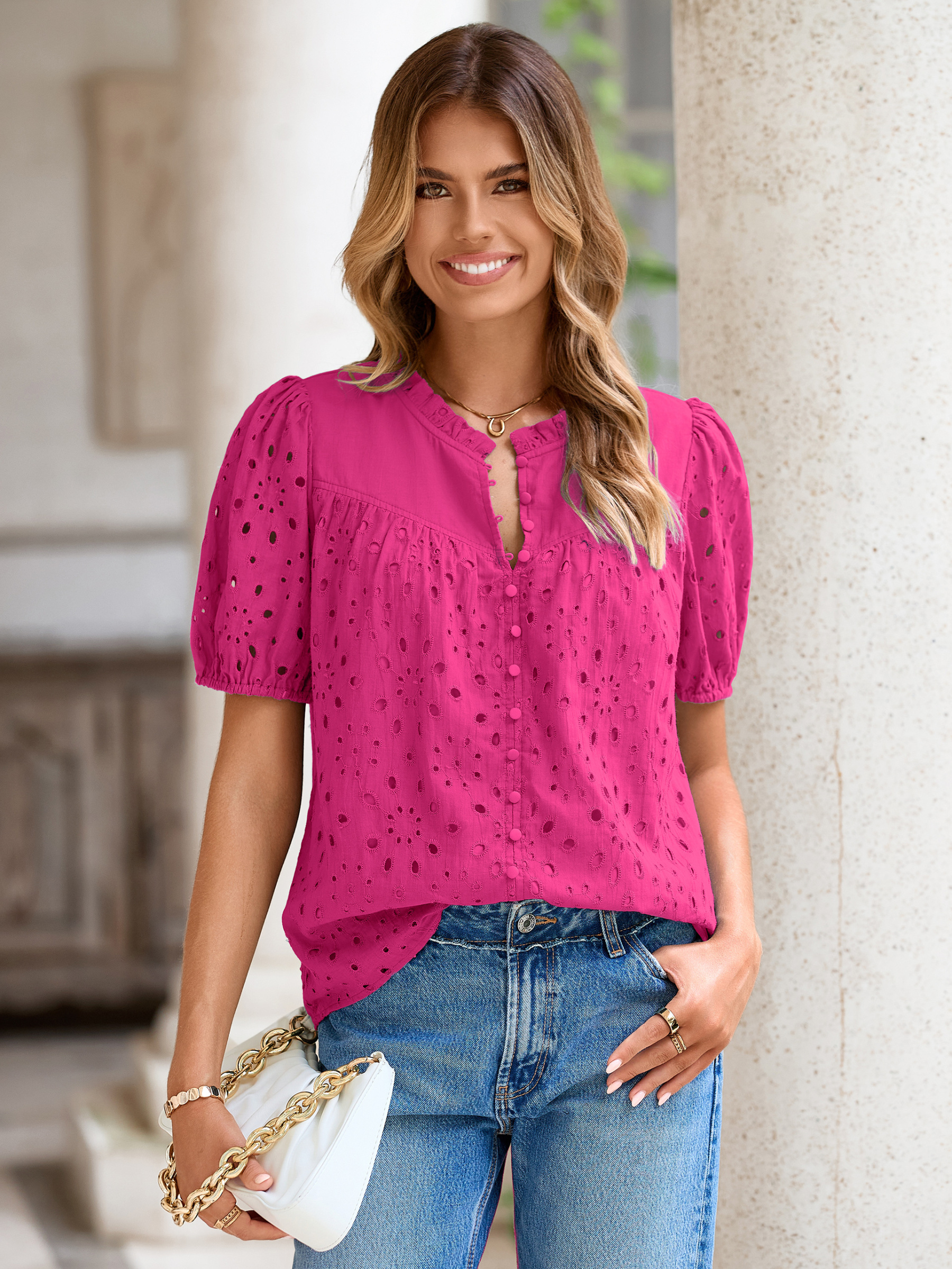 Hollow Out Puff Sleeve Cotton Lace Blouse - Rose Red