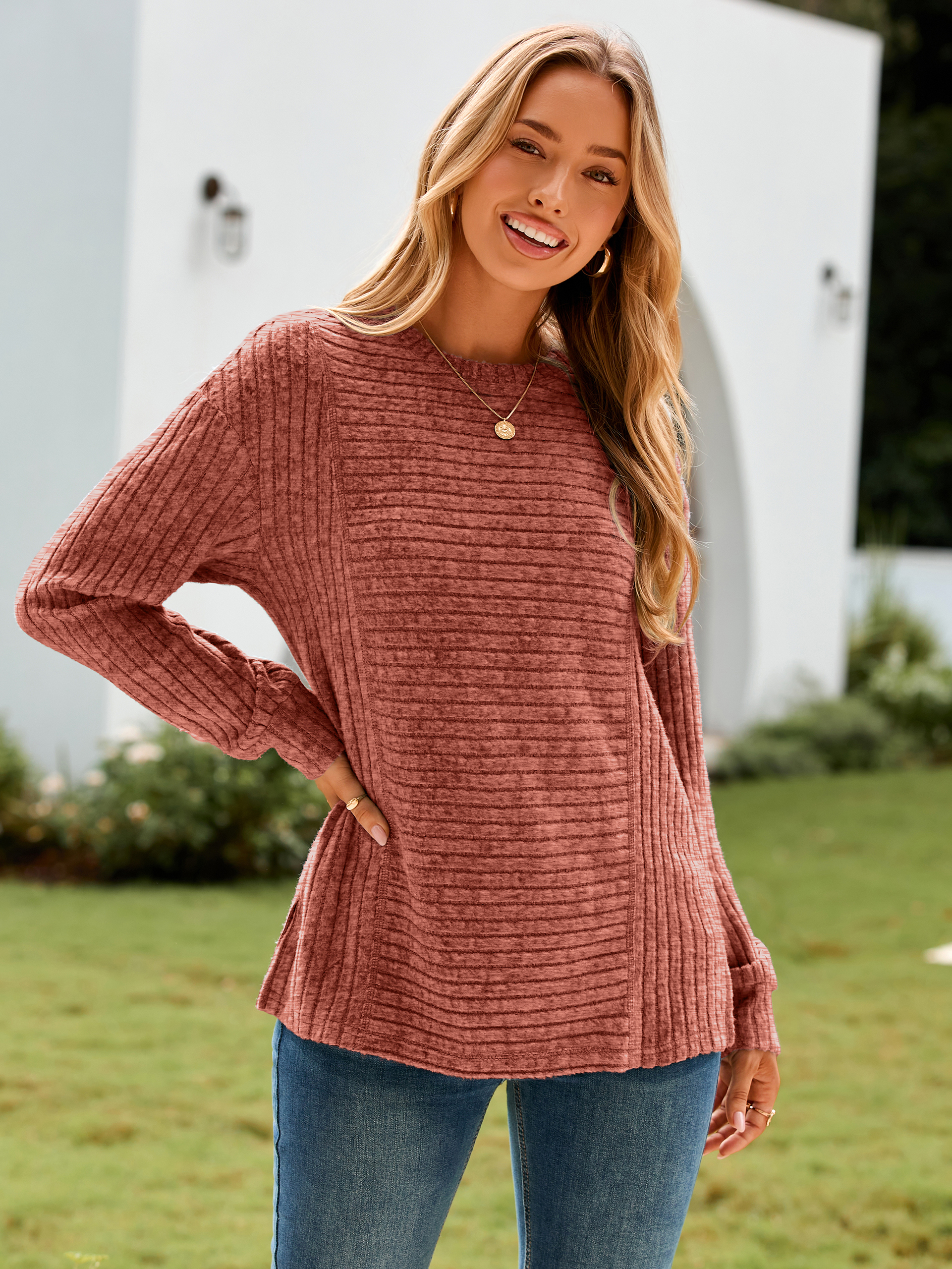 Fall Long Sleeve Crew Neck Knit Tunic Tops - Caramel