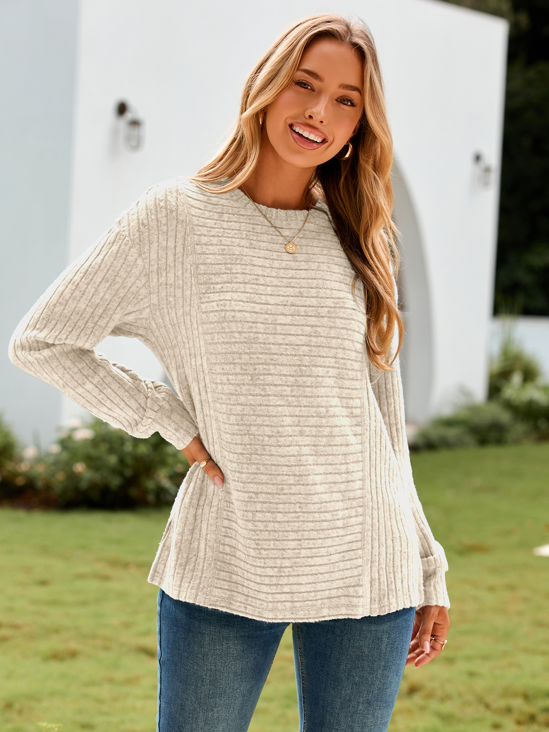 Fall Long Sleeve Crew Neck Knit Tunic Tops - Apricot