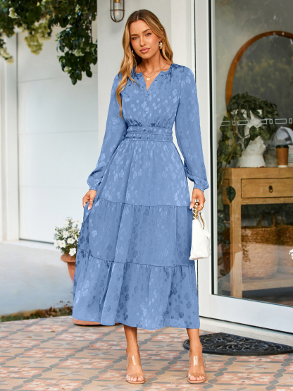 Jacquard Long Sleeve Tiered Maxi Dress - Blue