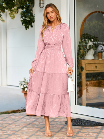 Jacquard Long Sleeve Tiered Maxi Dress - Pink