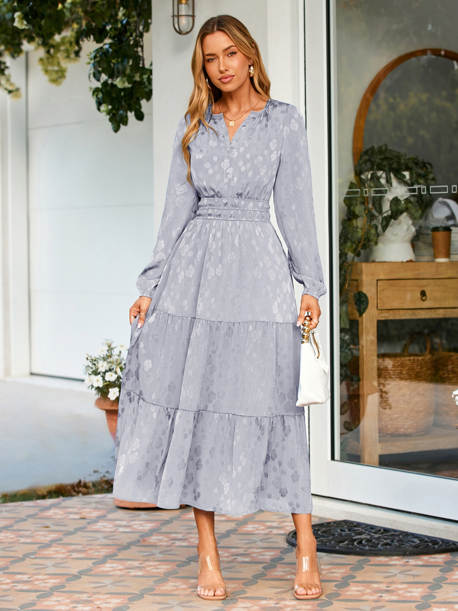 Jacquard Long Sleeve Tiered Maxi Dress - Light Blue