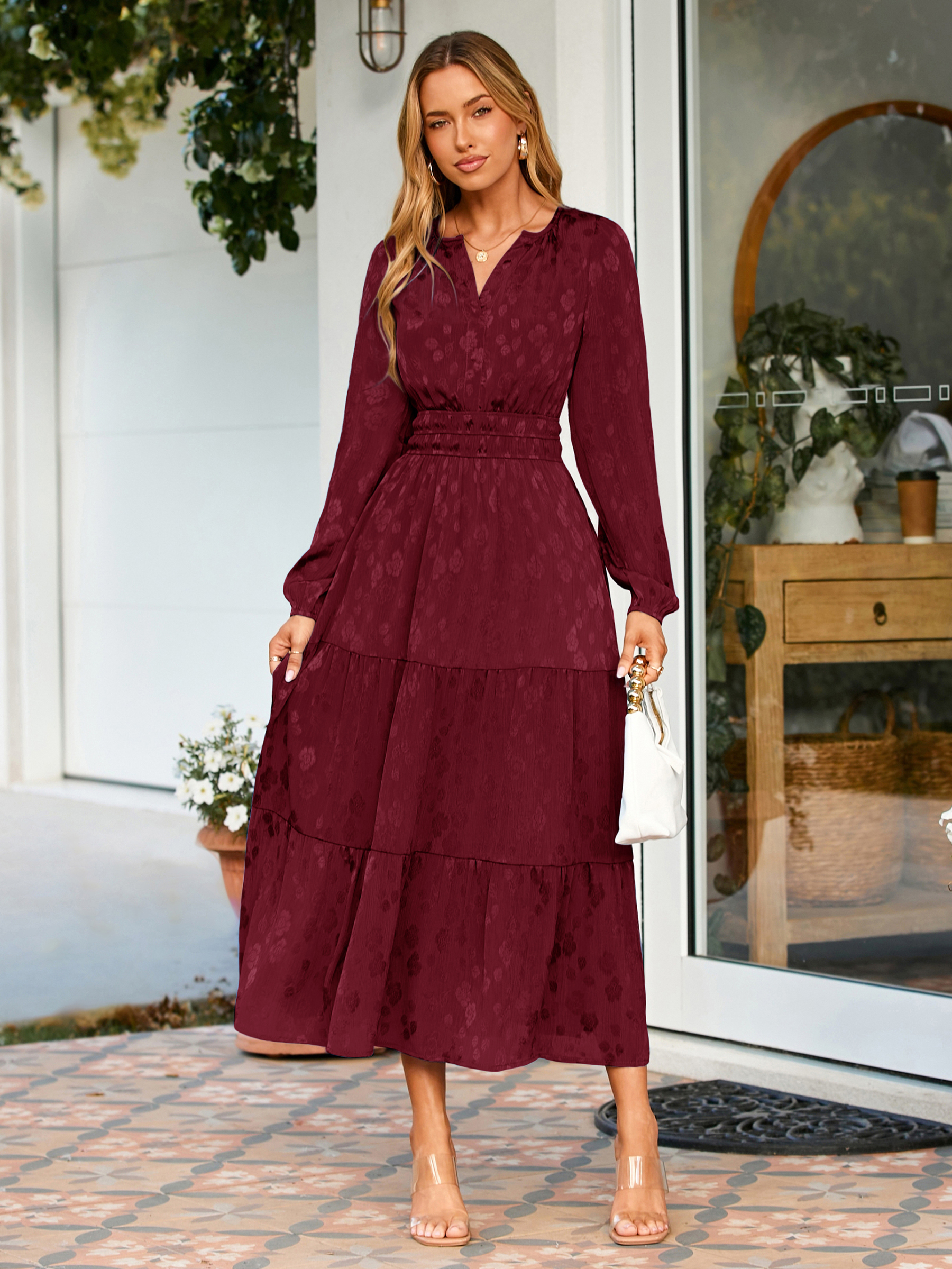 Jacquard Long Sleeve Tiered Maxi Dress - Wine Red