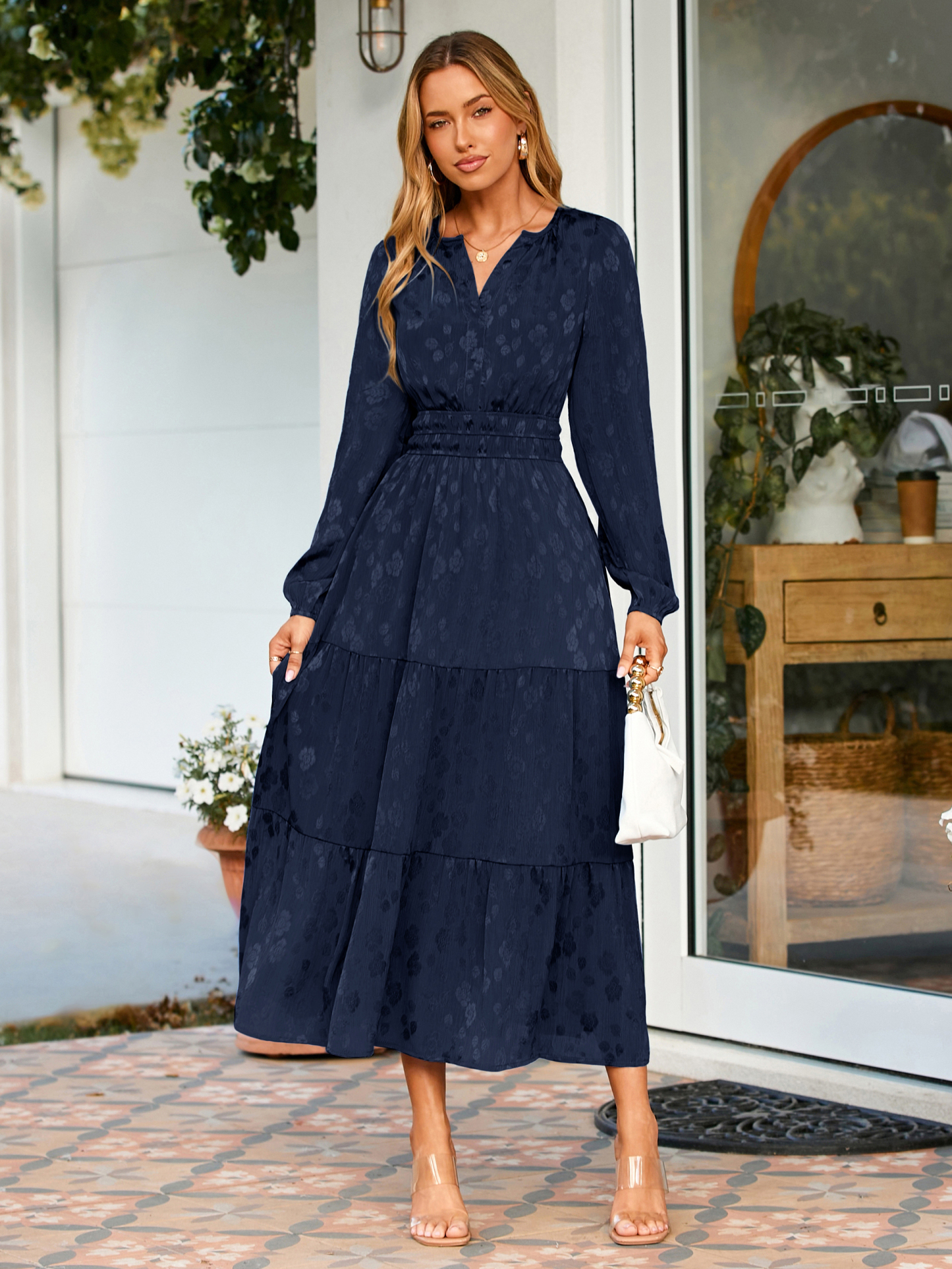 Jacquard Long Sleeve Tiered Maxi Dress - Navy Blue