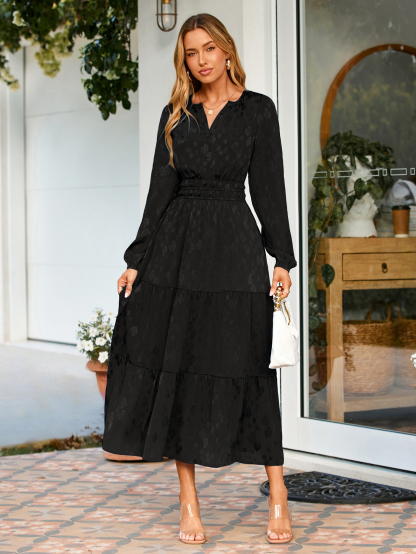 Jacquard Long Sleeve Tiered Maxi Dress - Black