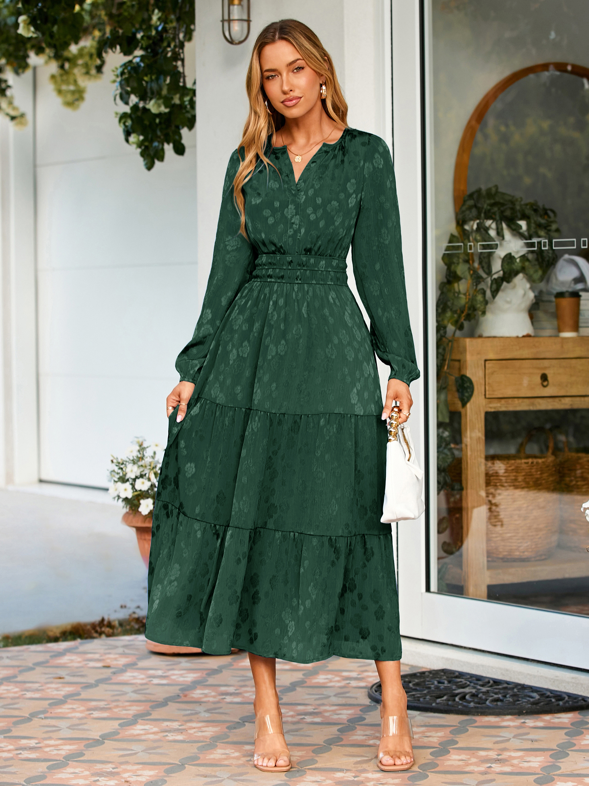 Jacquard Long Sleeve Tiered Maxi Dress - Dark Green