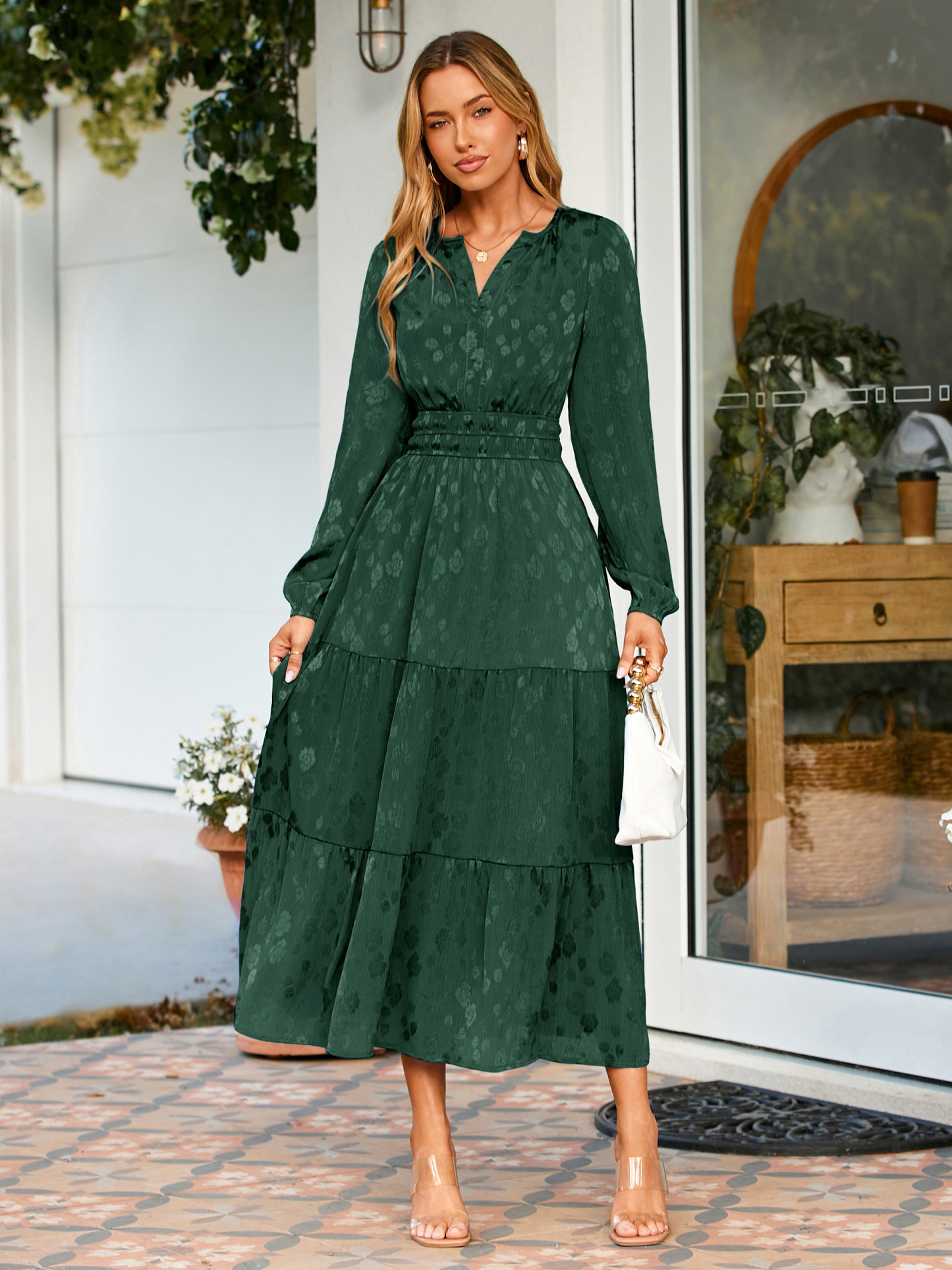 Jacquard Long Sleeve Tiered Maxi Dress - Glamaker