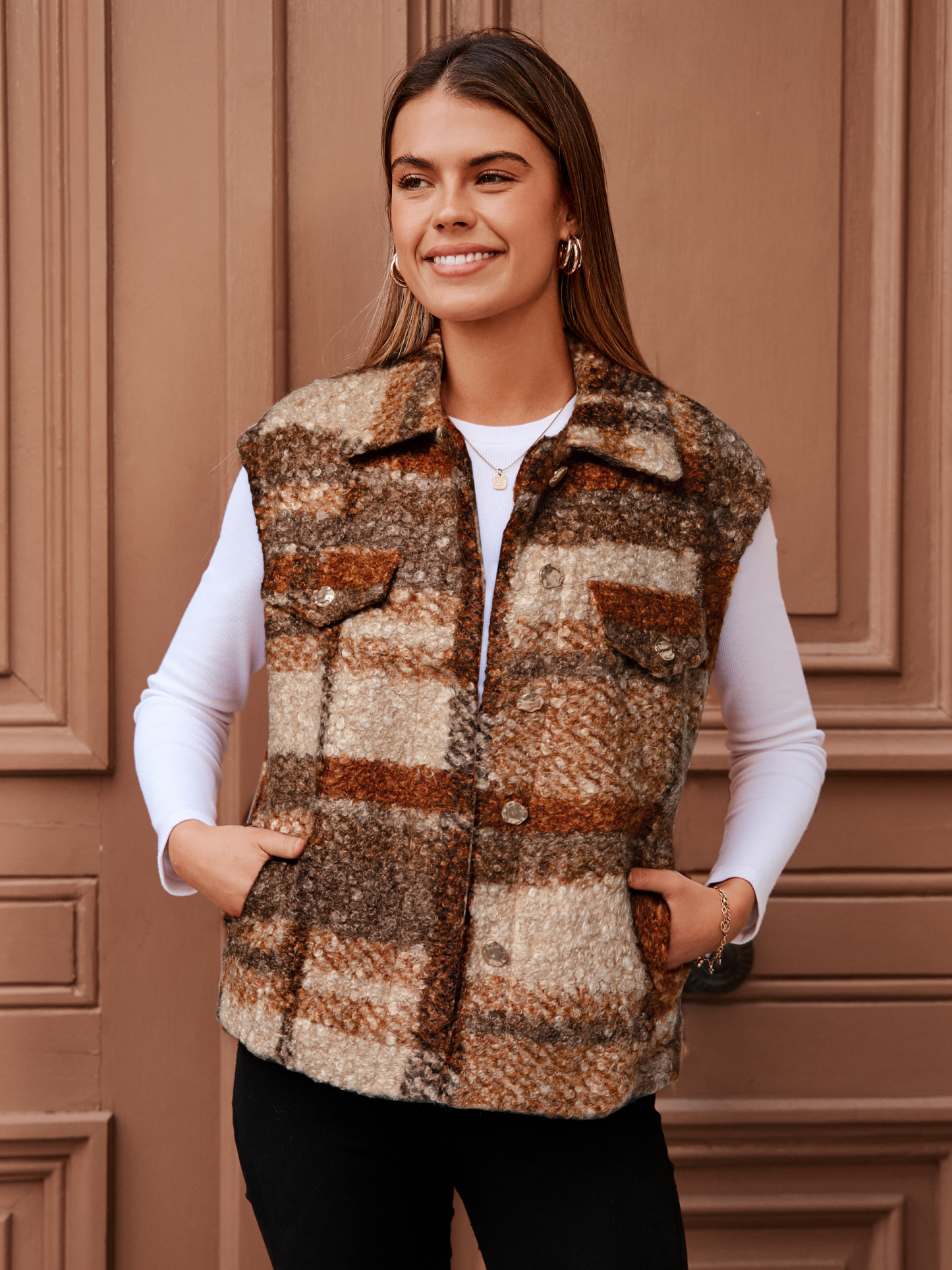 Plaid Faux Fur Sleeveless Button Up Fleece Vest - Plaid Burnt Orange