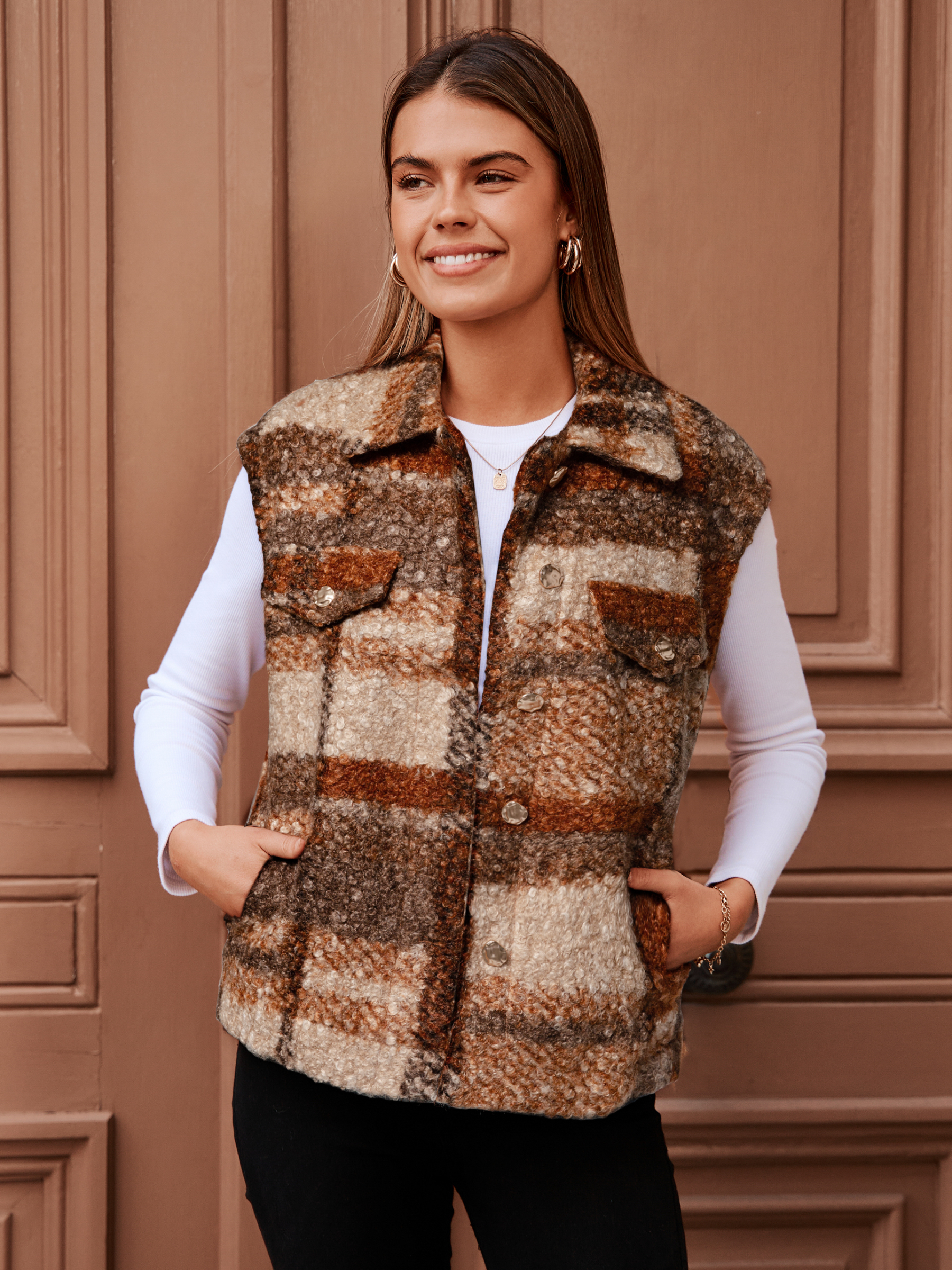 Plaid Faux Fur Sleeveless Button Up Fleece Vest - Plaid Burnt Orange
