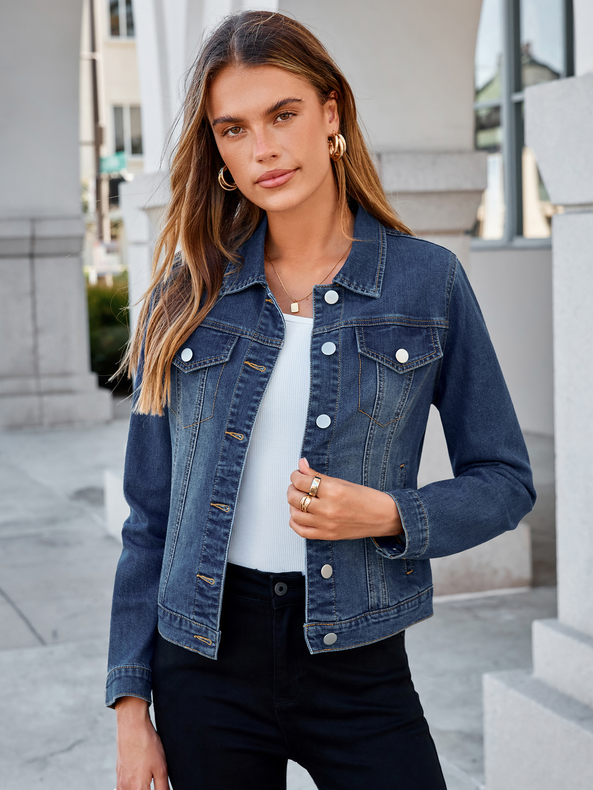 Cropped Button Down Stretch Fitted Denim Jacket - Dark Blue