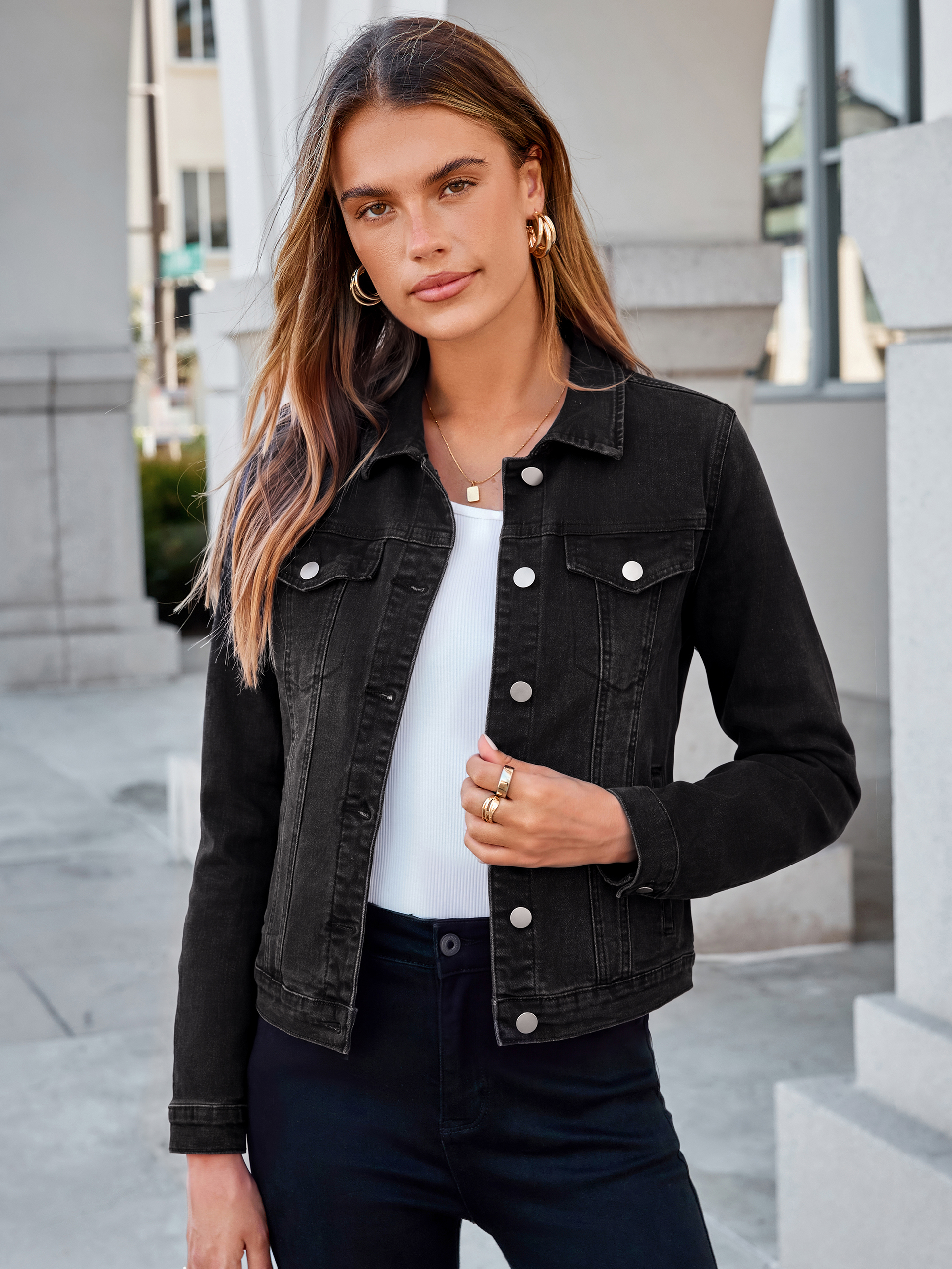 Cropped Button Down Stretch Fitted Denim Jacket - Black