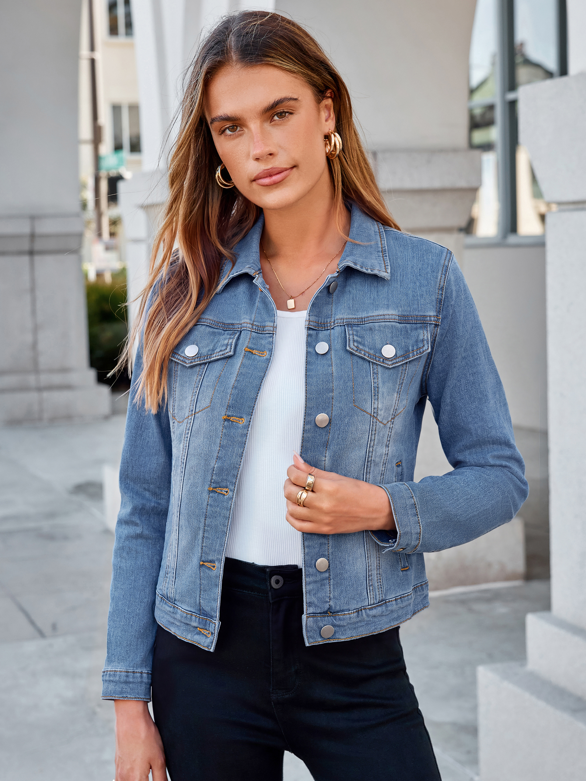 Cropped Button Down Stretch Fitted Denim Jacket - Medium Blue