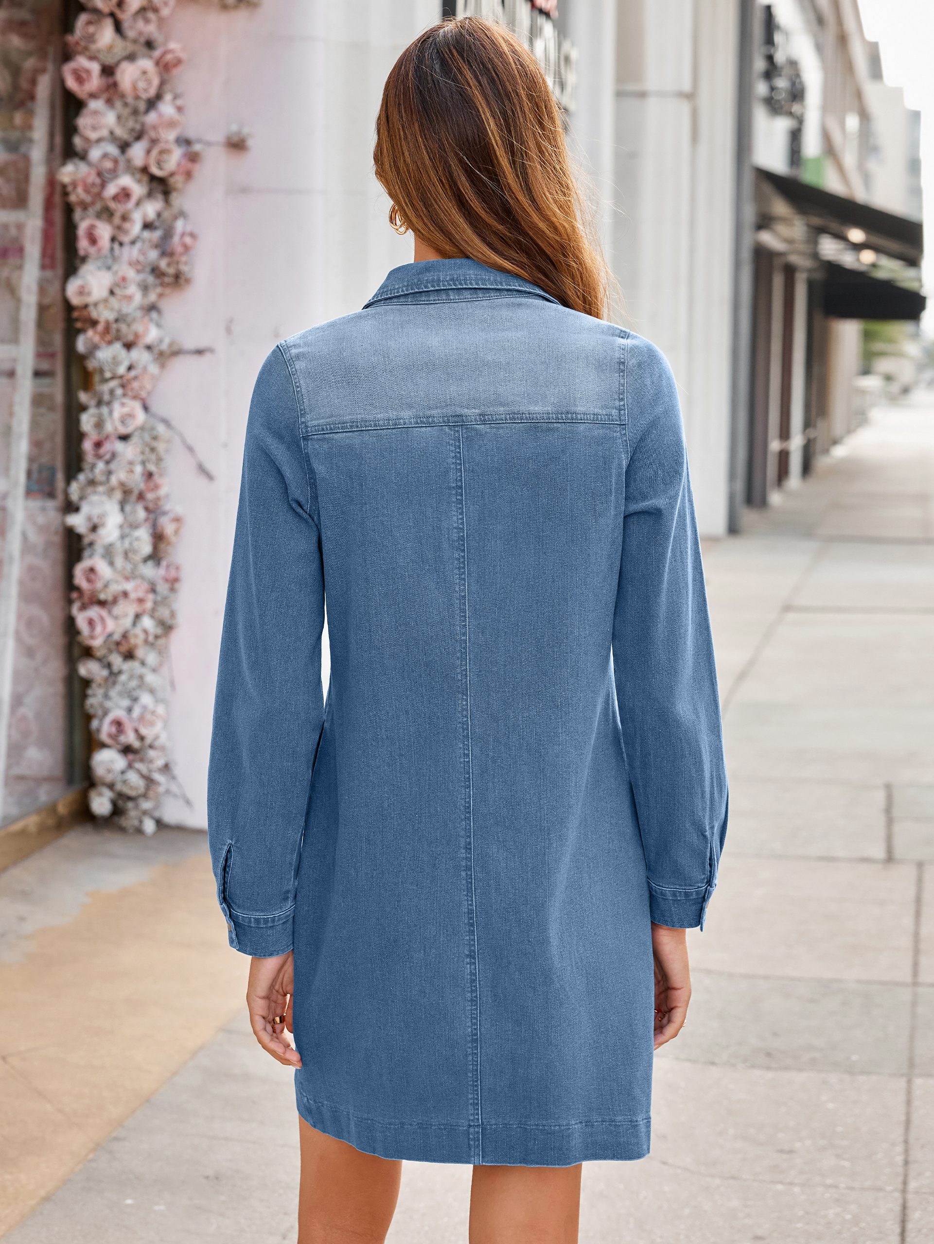 Long Sleeve Pocket Denim Mini Shirt Dress