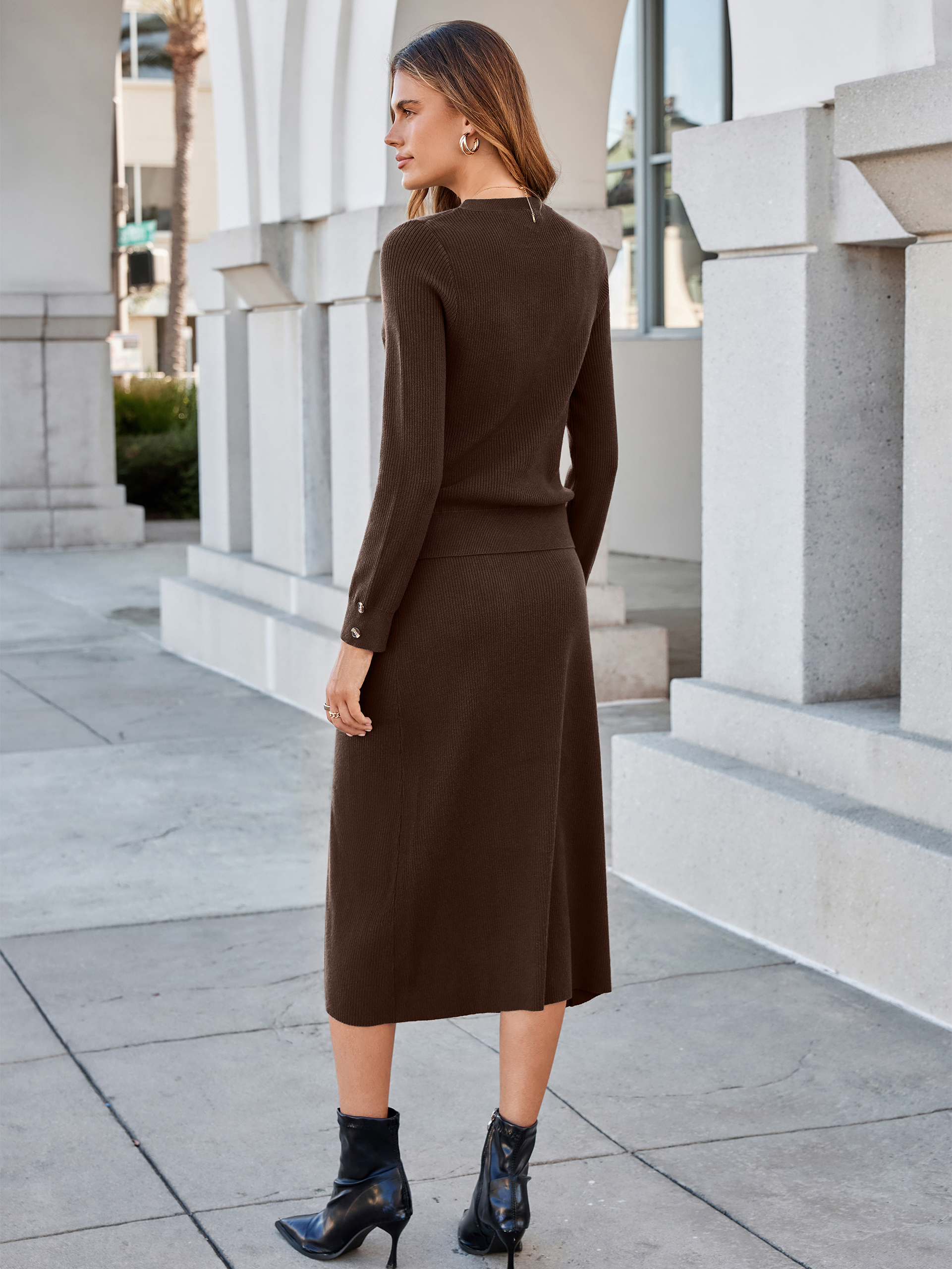 Crewneck Ribbed Knit Long Sleeve Midi Skirt Set