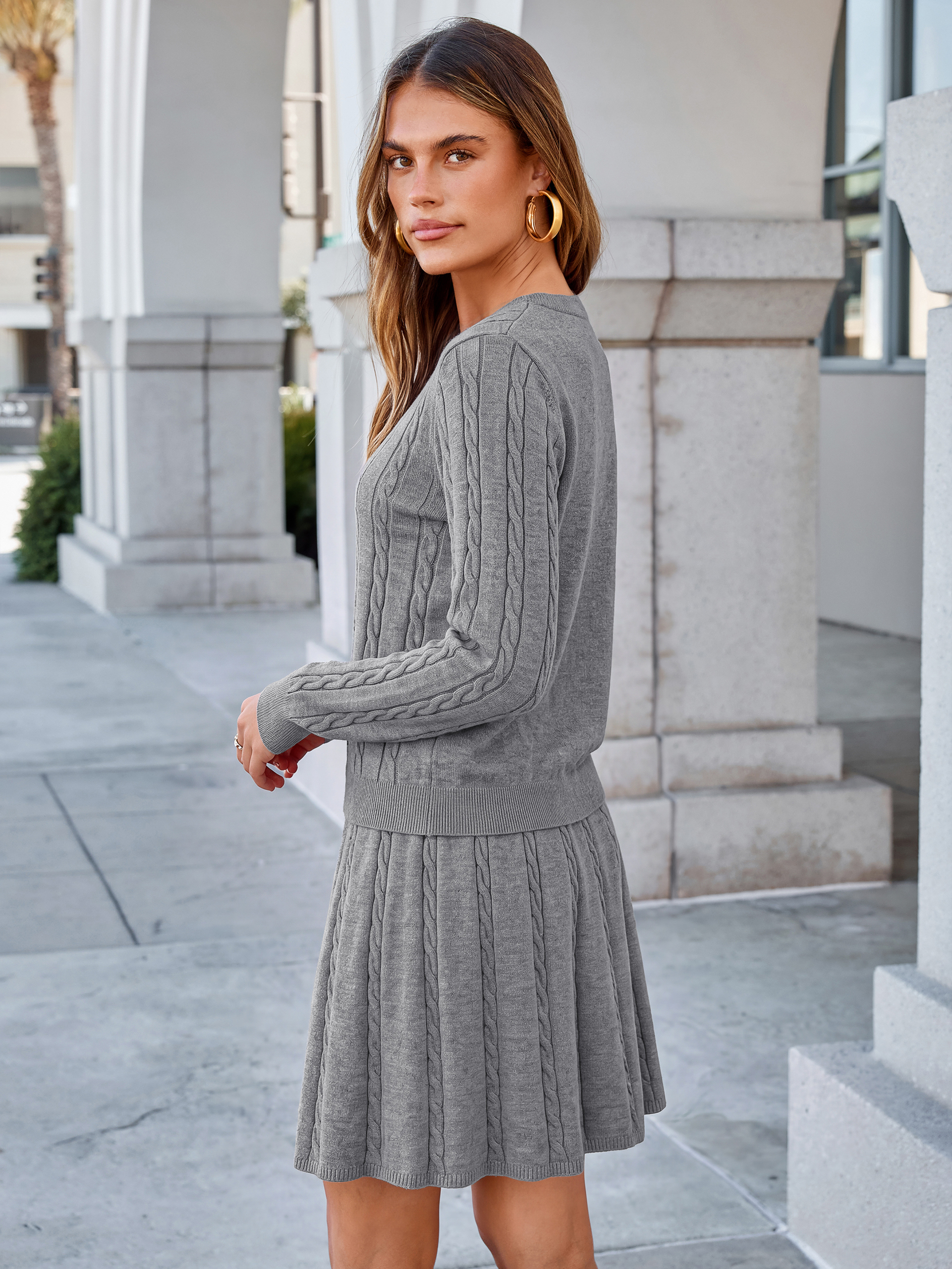 Cable Knit Long Sleeve Sweater Pleated Mini Skirt Set