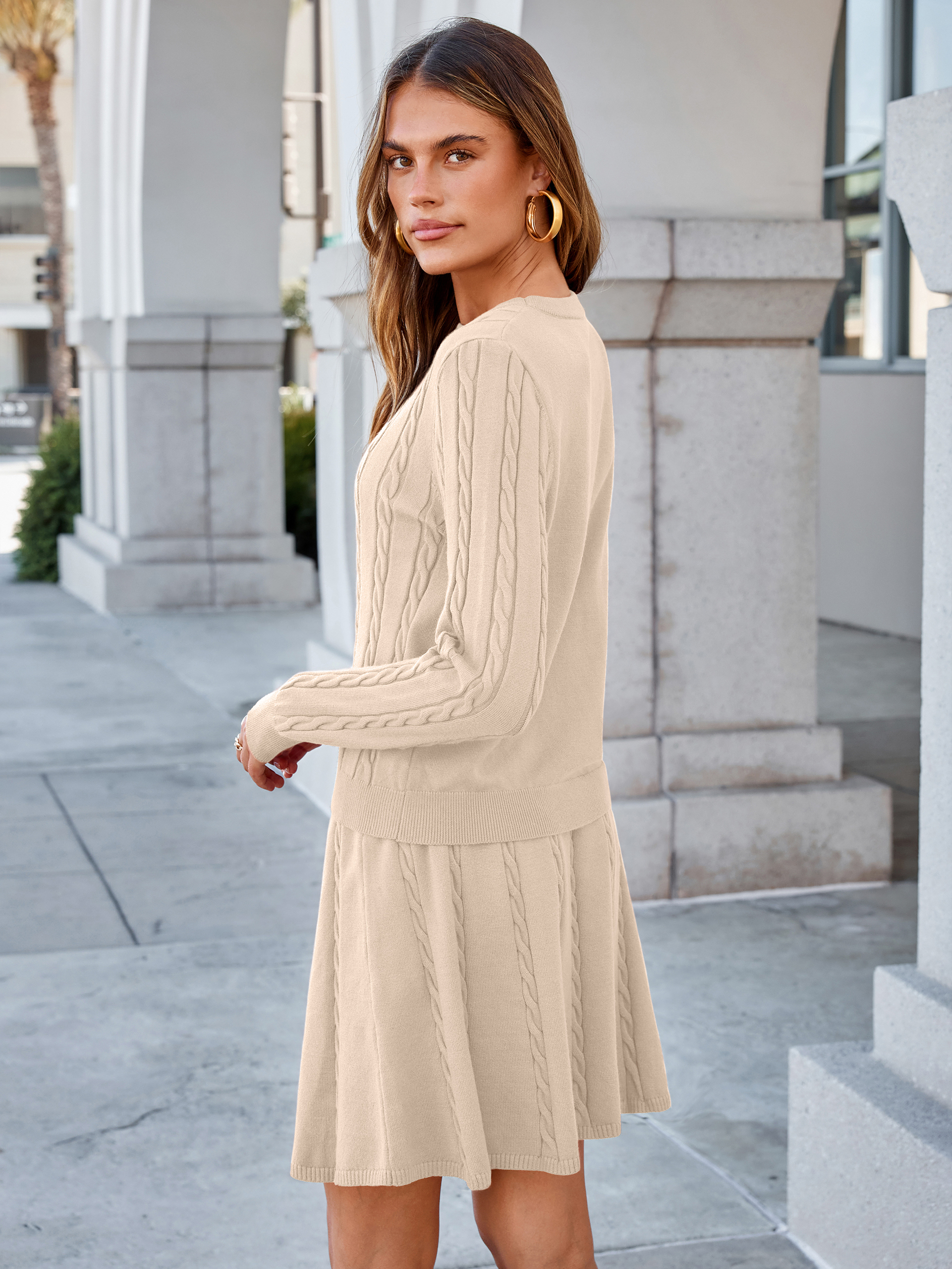 Cable Knit Long Sleeve Sweater Pleated Mini Skirt Set