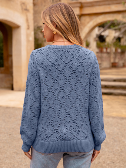 Diamond Pattern Crochet Lace Knit Pullover - Blue Purple