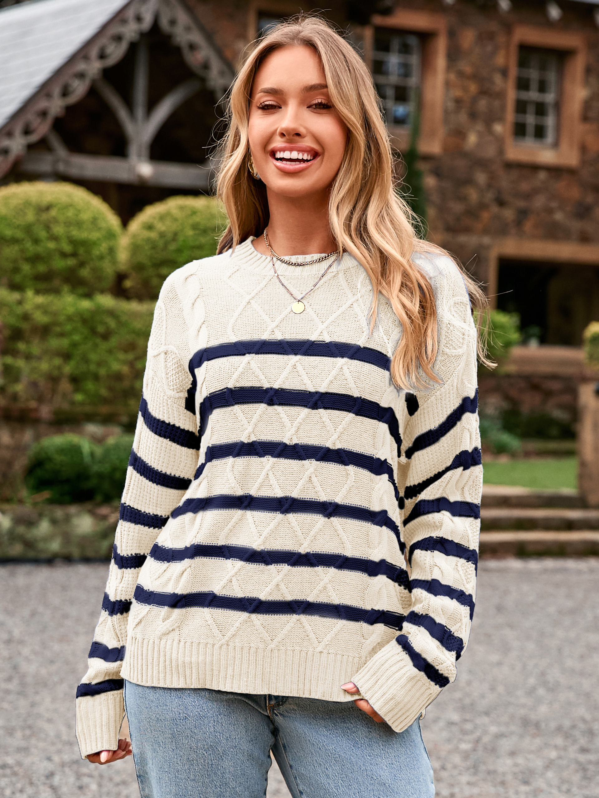 Chunky Striped Cable Knit Crewneck Sweater - Beige
