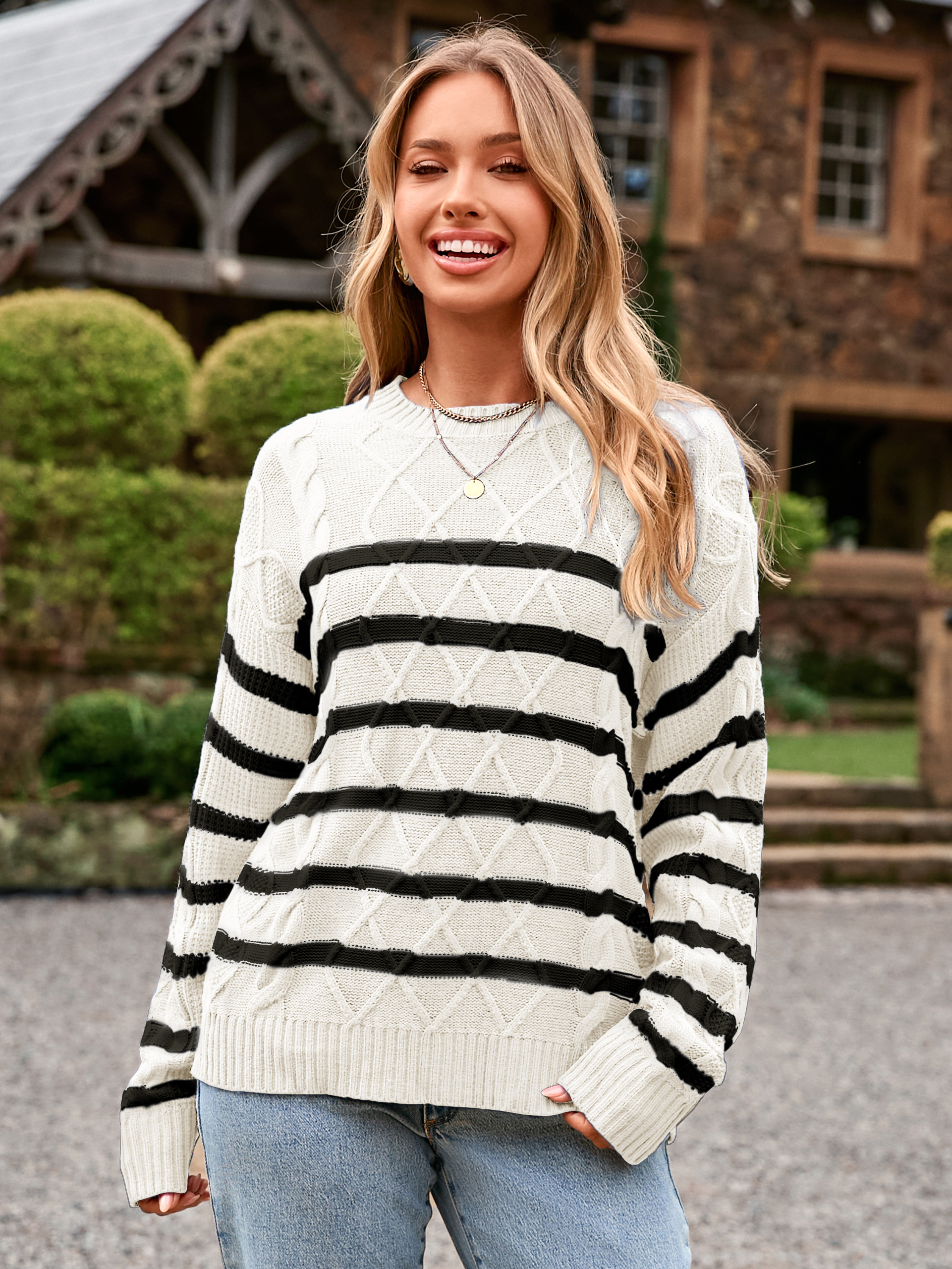Chunky Striped Cable Knit Crewneck Sweater - White