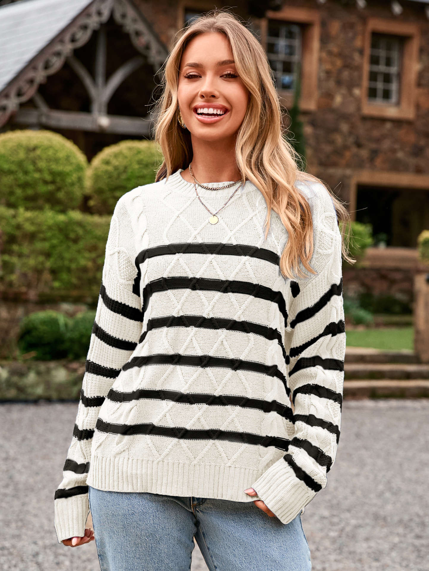 Chunky Striped Cable Knit Crewneck Sweater - White