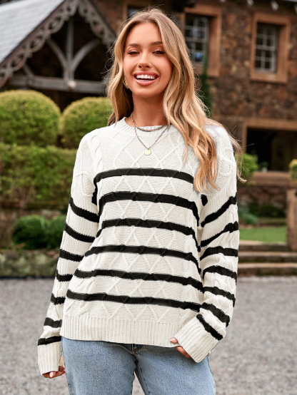 Chunky Striped Cable Knit Crewneck Sweater - White