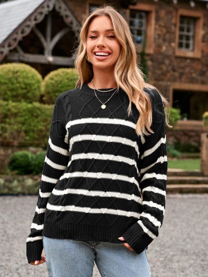 Chunky Striped Cable Knit Crewneck Sweater - Black
