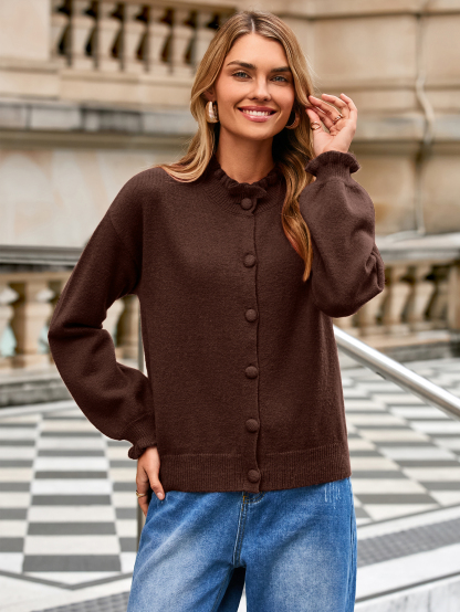 Ruffled Collar Mock Neck Button Cardigan - Coffee