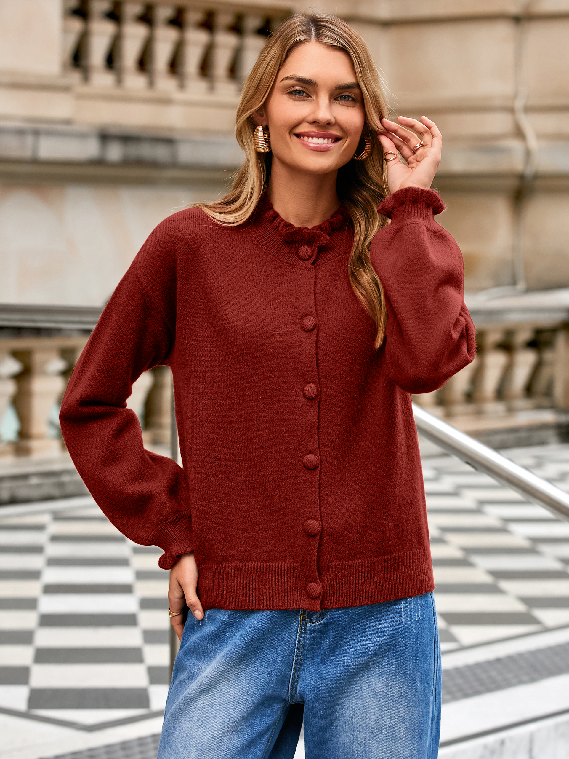 Ruffled Collar Mock Neck Button Cardigan - Burgundy