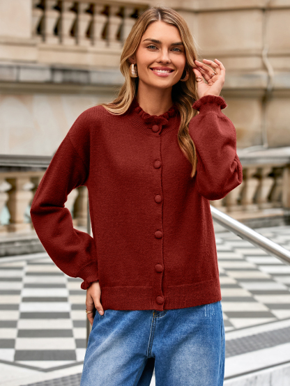 Ruffled Collar Mock Neck Button Cardigan - Burgundy