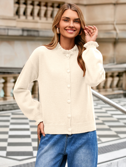Ruffled Collar Mock Neck Button Cardigan - Beige