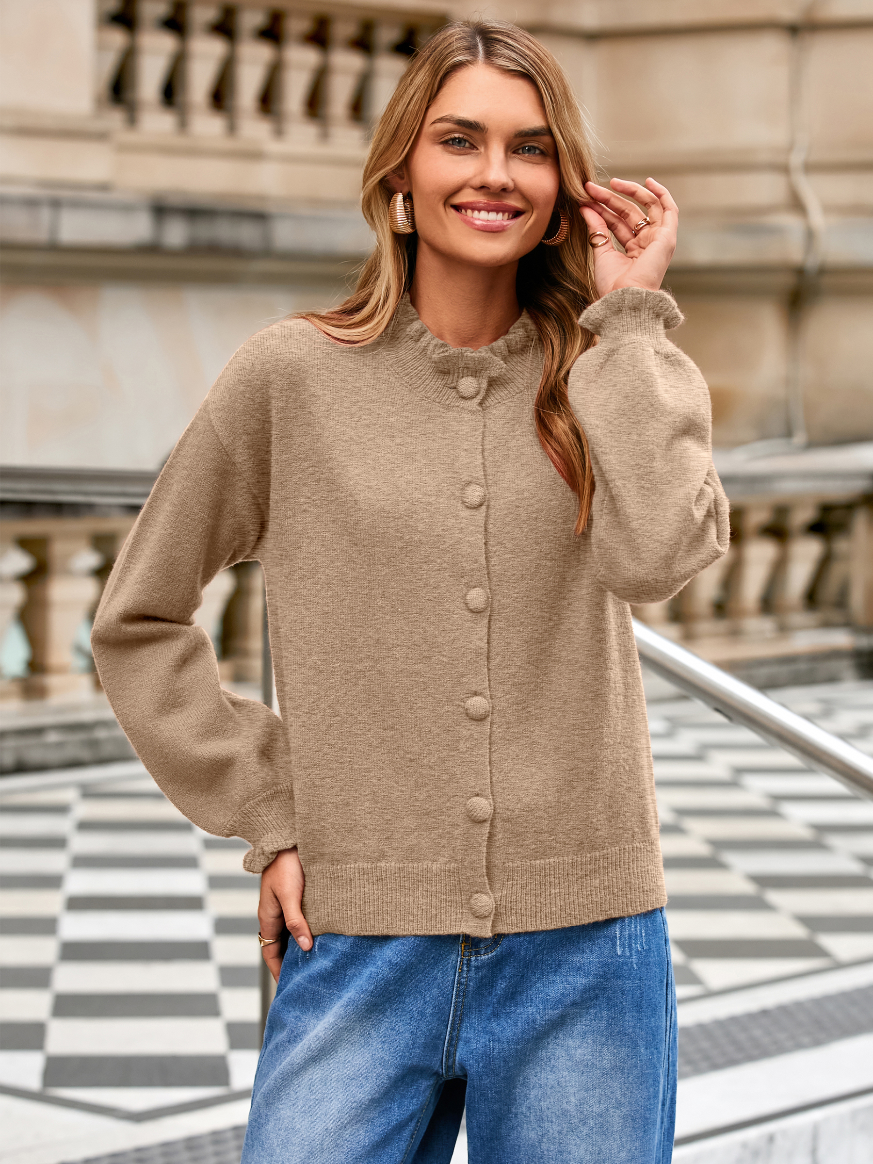 Ruffled Collar Mock Neck Button Cardigan - Khaki