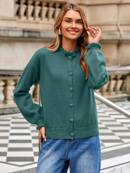 Ruffled Collar Mock Neck Button Cardigan - Green