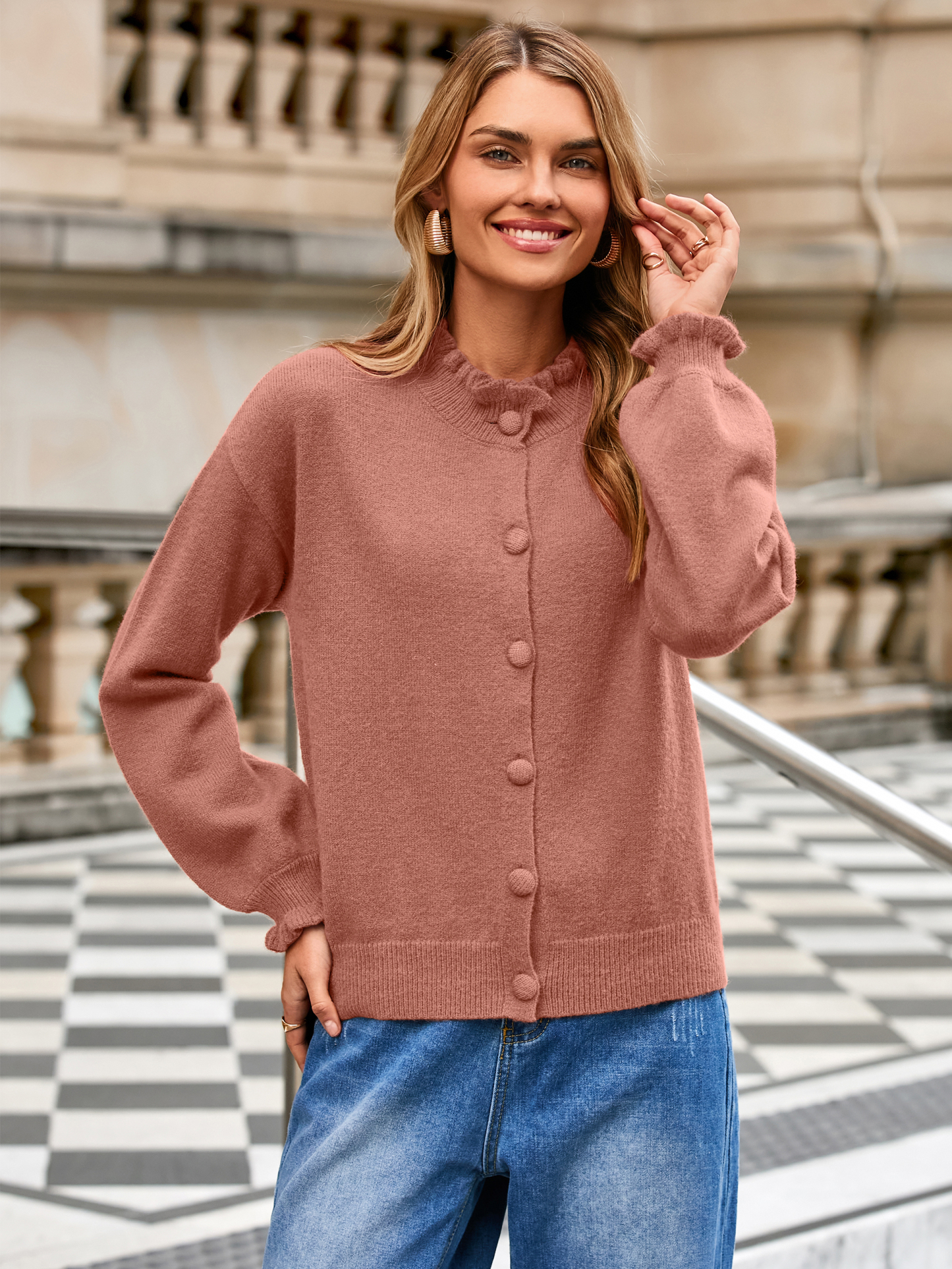 Ruffled Collar Mock Neck Button Cardigan - Pink