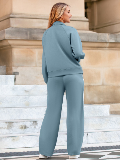 Side Stripe Zip Up Mock Neck Jogger Tracksuit - Grey Blue