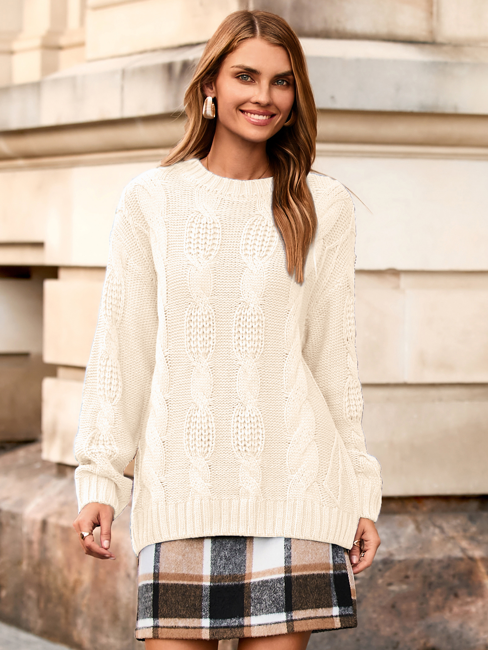 Oversized Cable Knit Round Neck Sweater - Beige