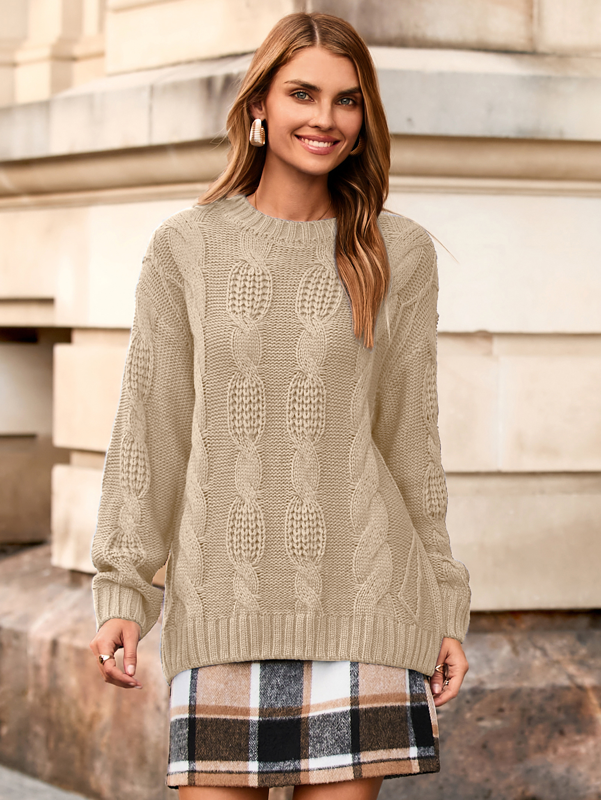 Oversized Cable Knit Round Neck Sweater - Grey Khaki