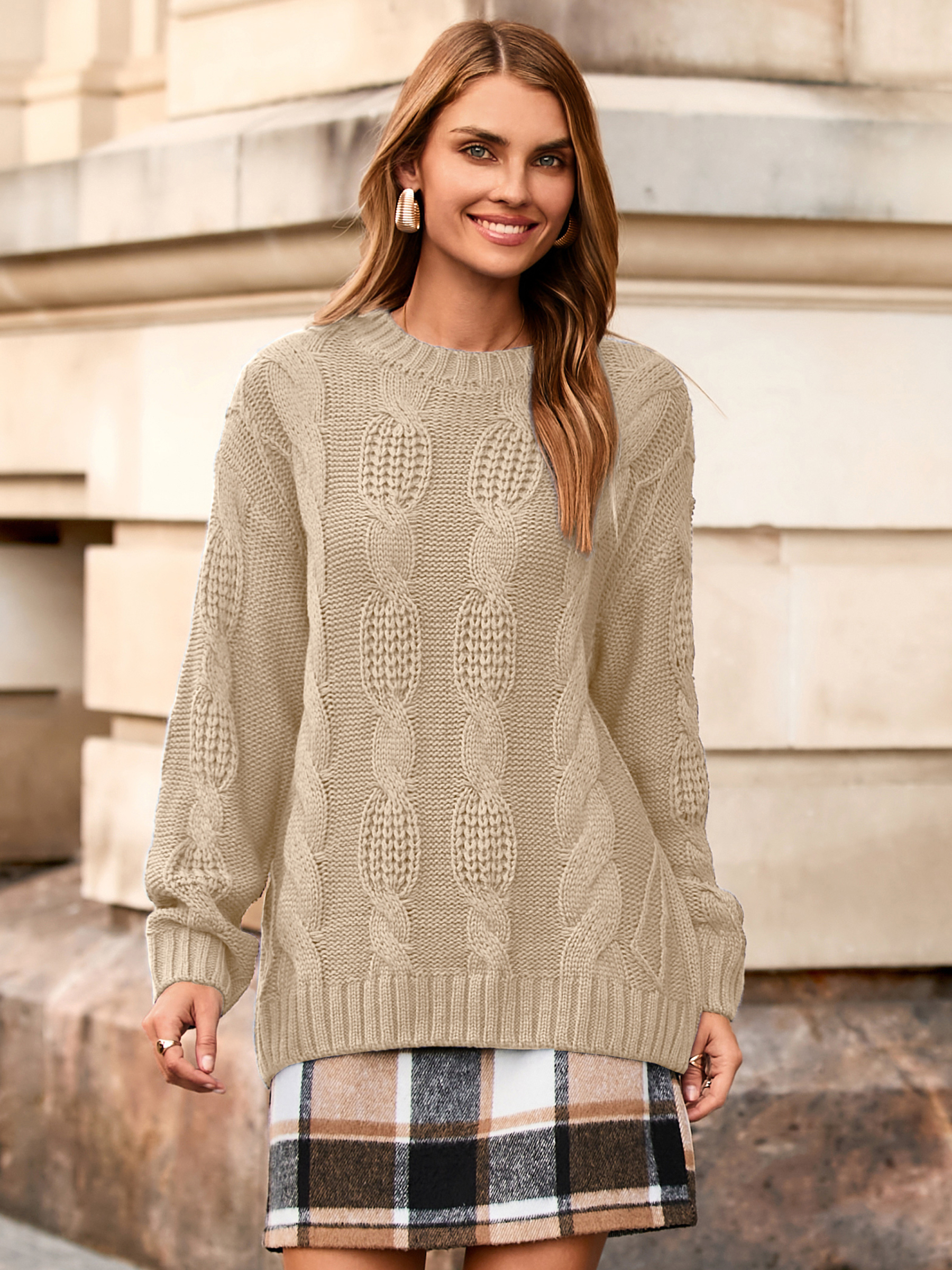 Oversized Cable Knit Round Neck Sweater - Grey Khaki