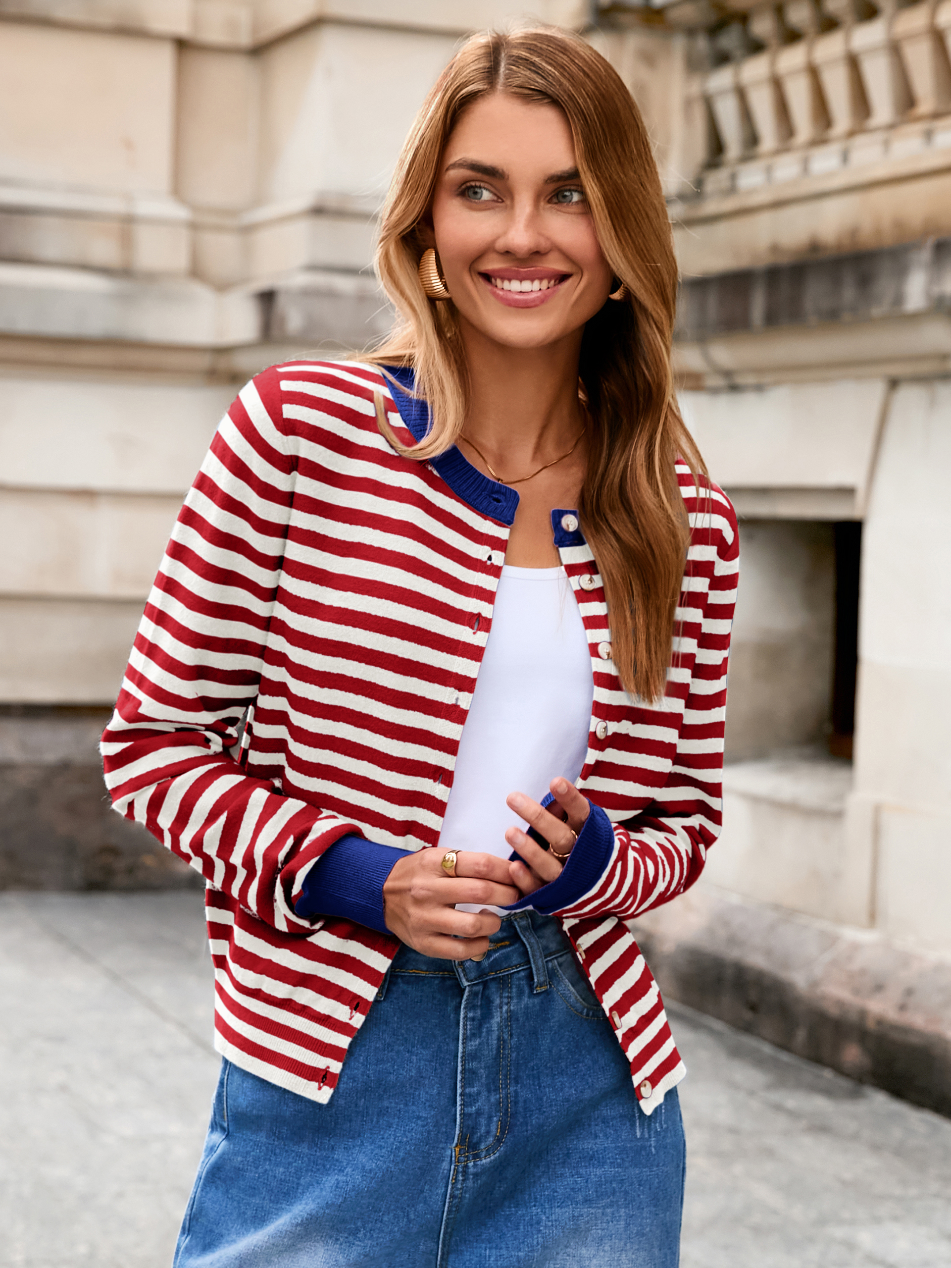Striped Cropped Button Down Knit Cardigan - Stripe Blue Red