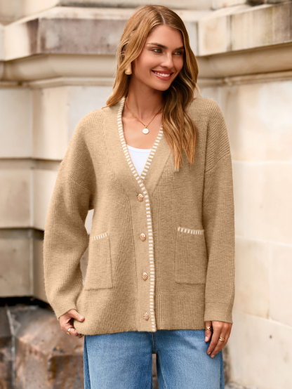 V-Neck Button Up Chunky Oversized Crochet Cardigan - Khaki