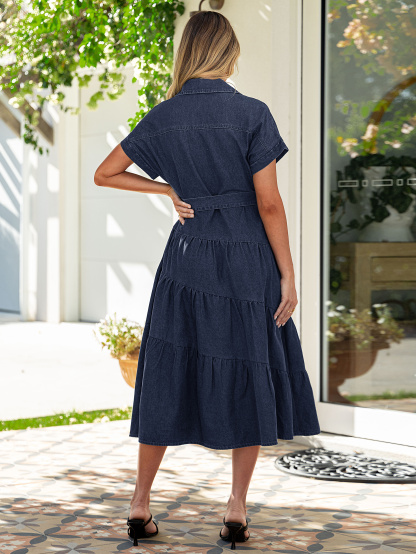 Short Sleeve Denim Belted Tiered Maxi Dress