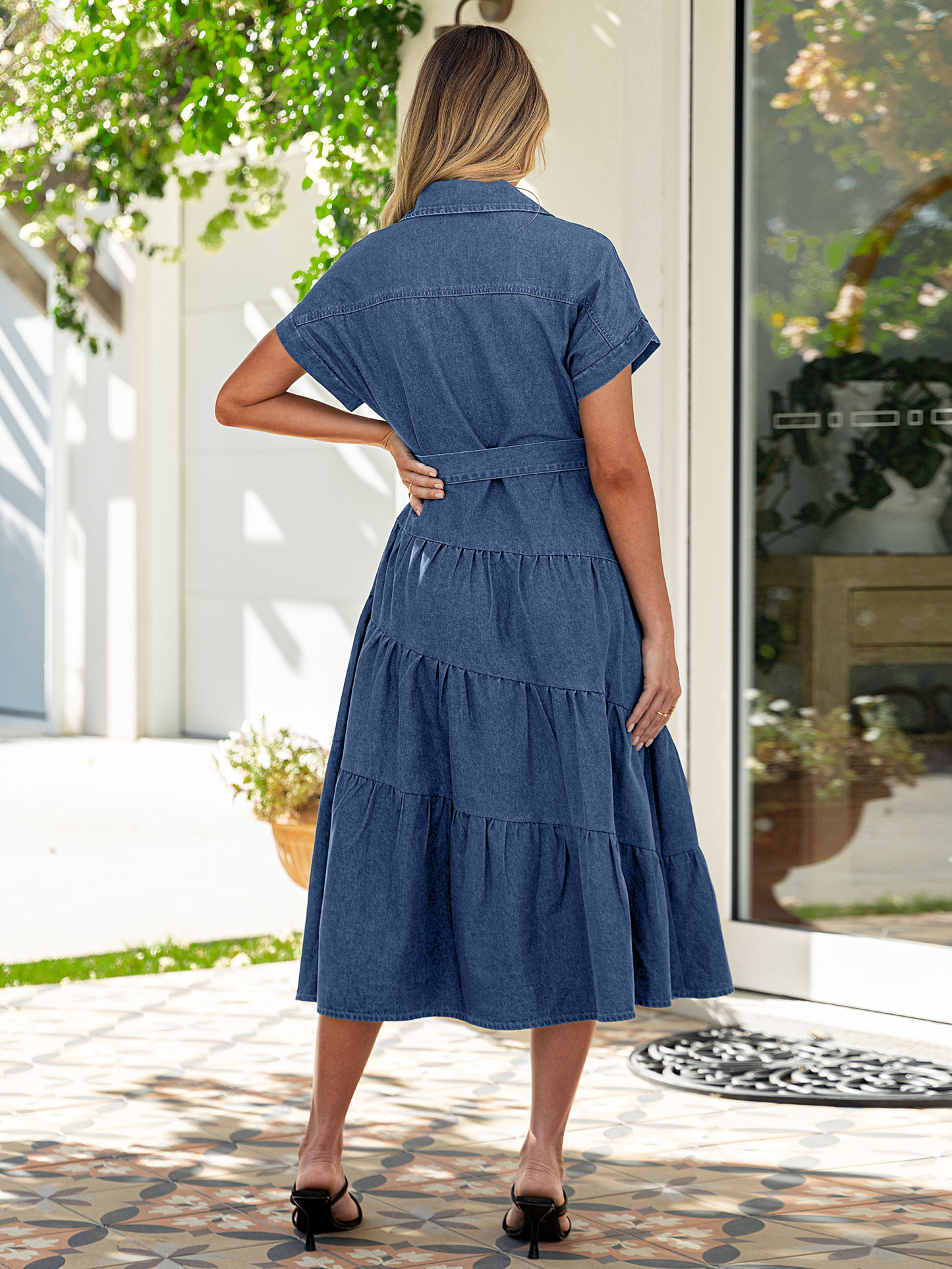 Short Sleeve Denim Belted Tiered Maxi Dress