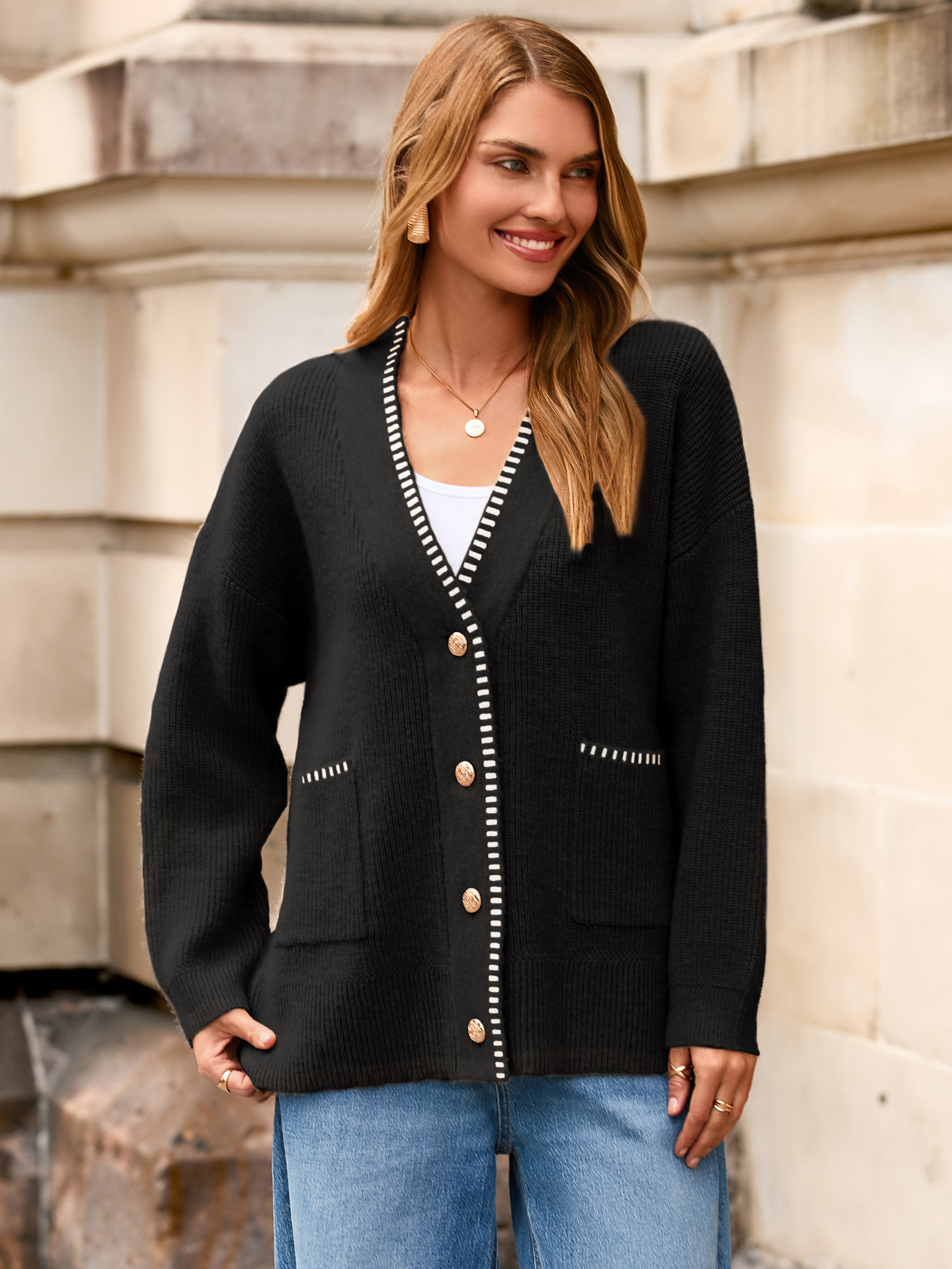 V-Neck Button Up Chunky Oversized Crochet Cardigan - Black