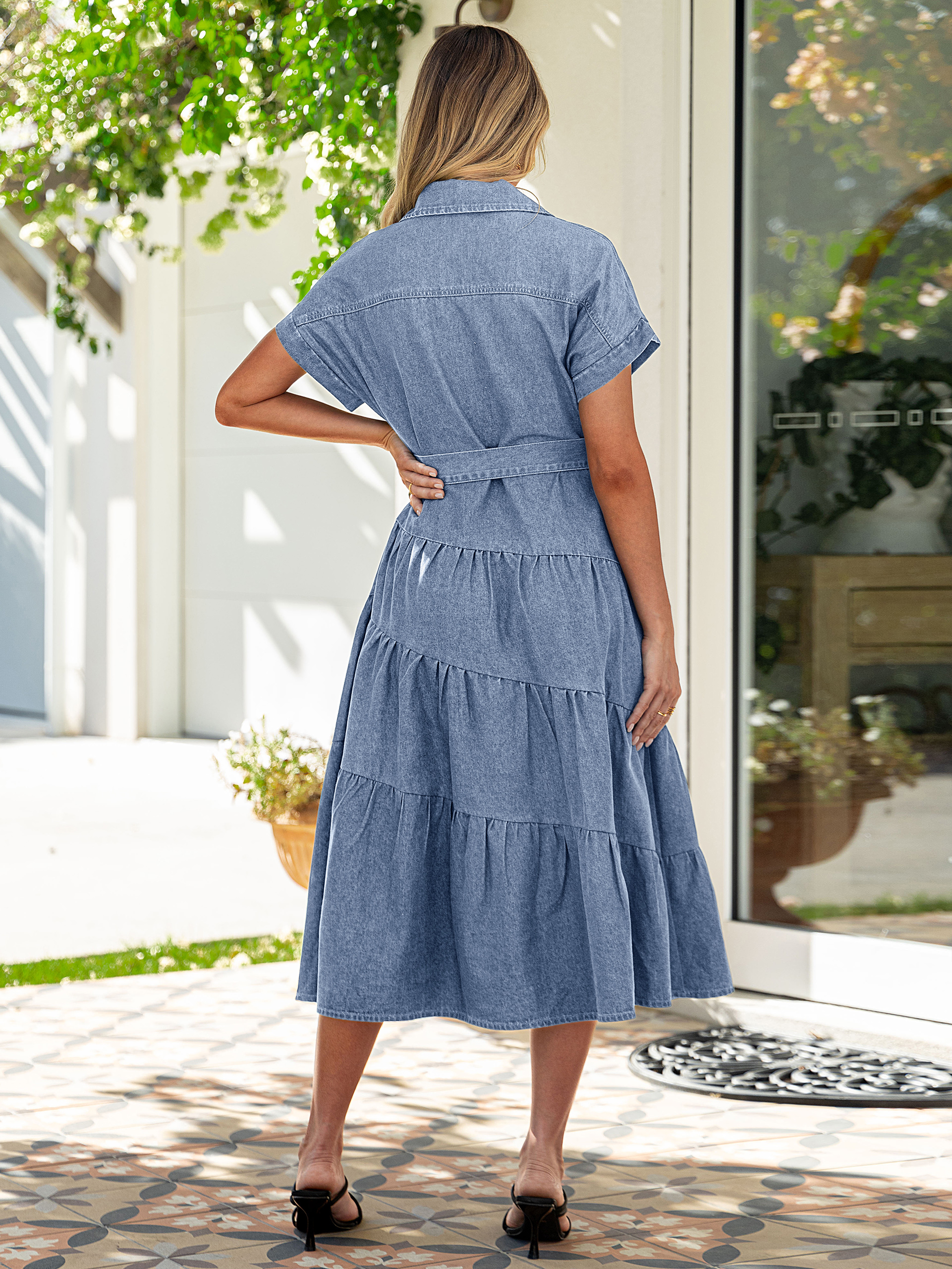 Short Sleeve Denim Belted Tiered Maxi Dress